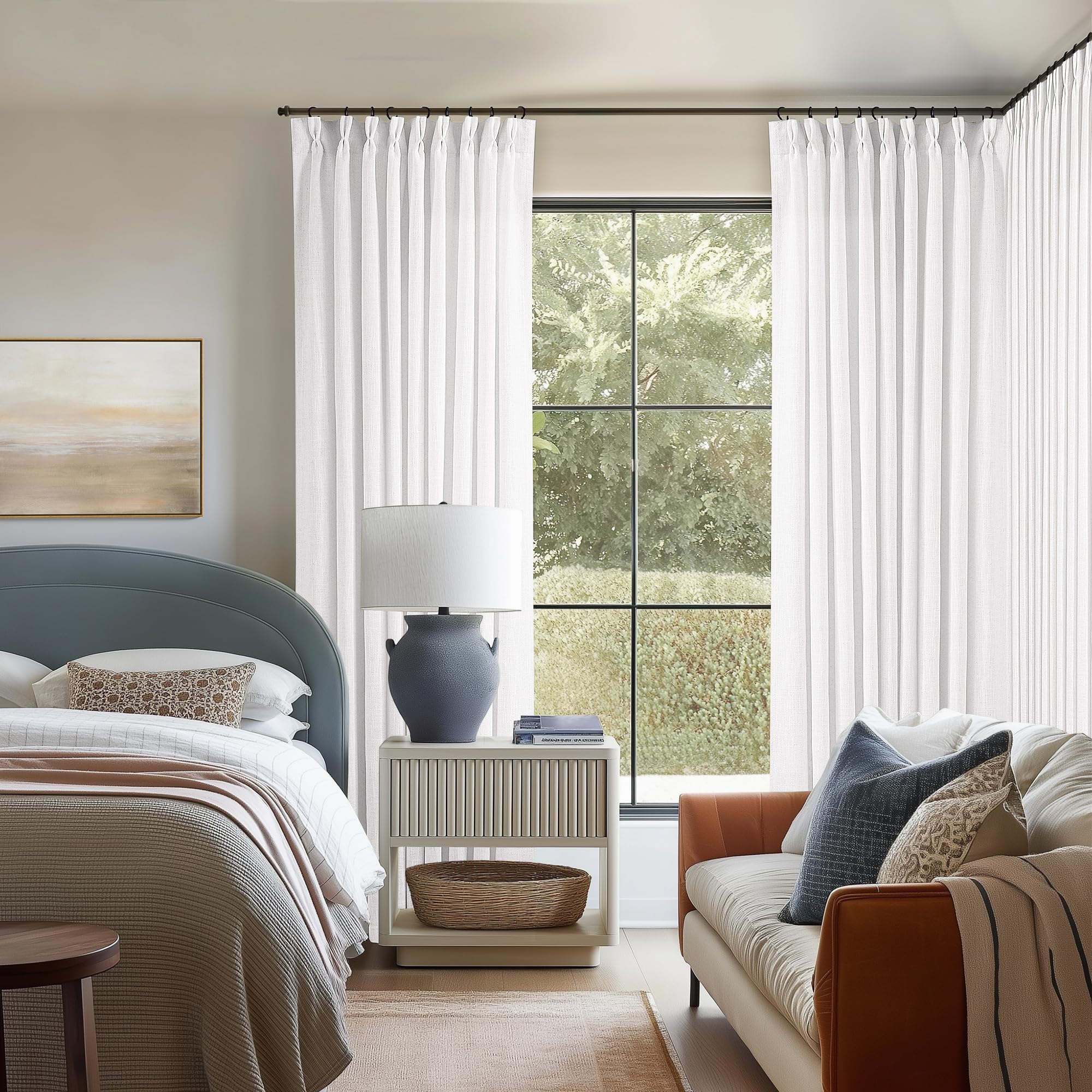 Pinch Pleated Extra Wide Linen Curtains 84 Inches Long for Patio Sliding Glass Door White 60 Inch Wide Pleated Drapes with Hooks Rings Neutral Semi Sheer 60x84 Curtain for Living Room 1 Panel