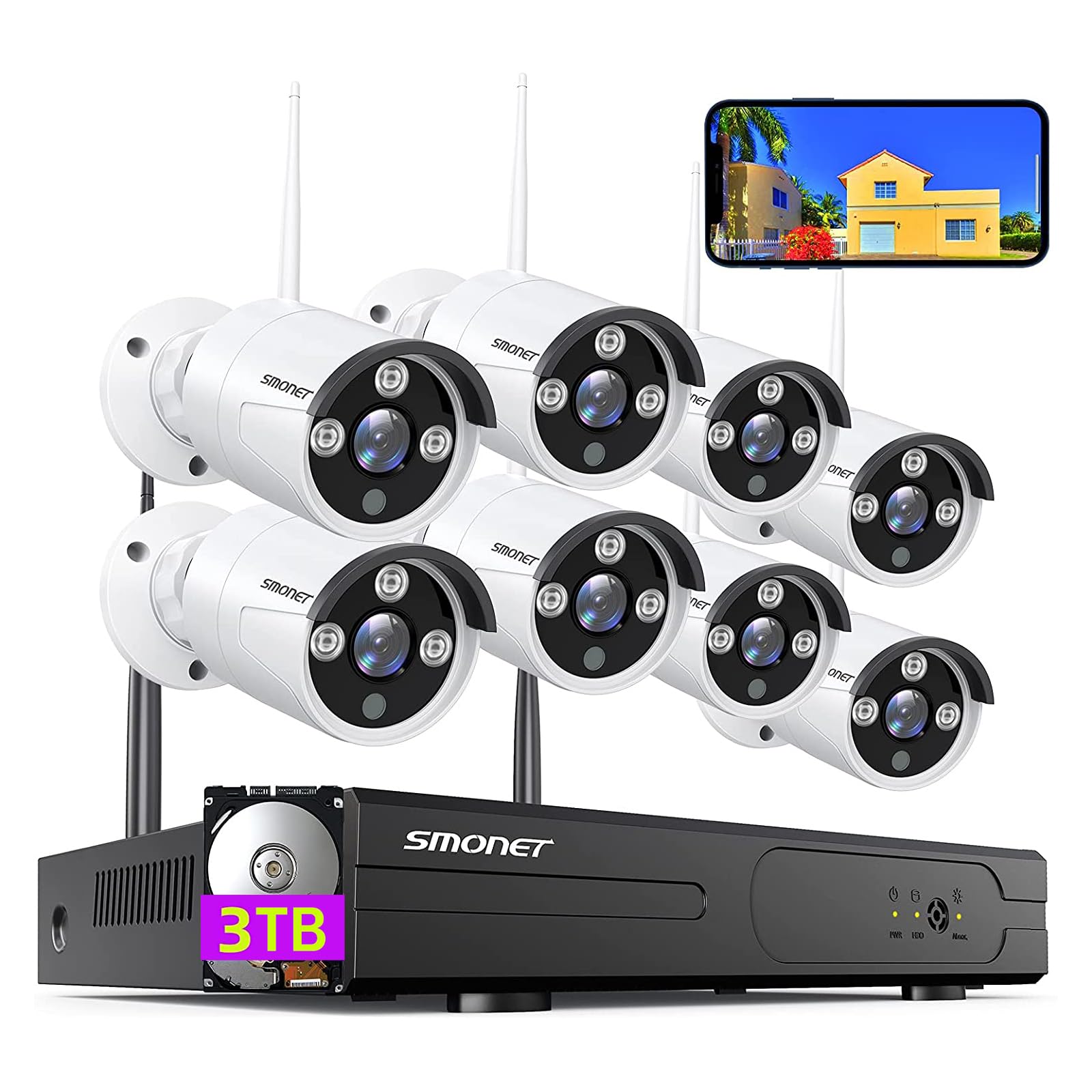Wireless Security Camera System,SMONET 1080P 8 Channel Home Surveillance DVR Kits with 8pcs 2MP Full HD Cameras 3TB HDD Night Vision Motion Detection Free App for Indoor Outdoor 24/7 Video Recording
