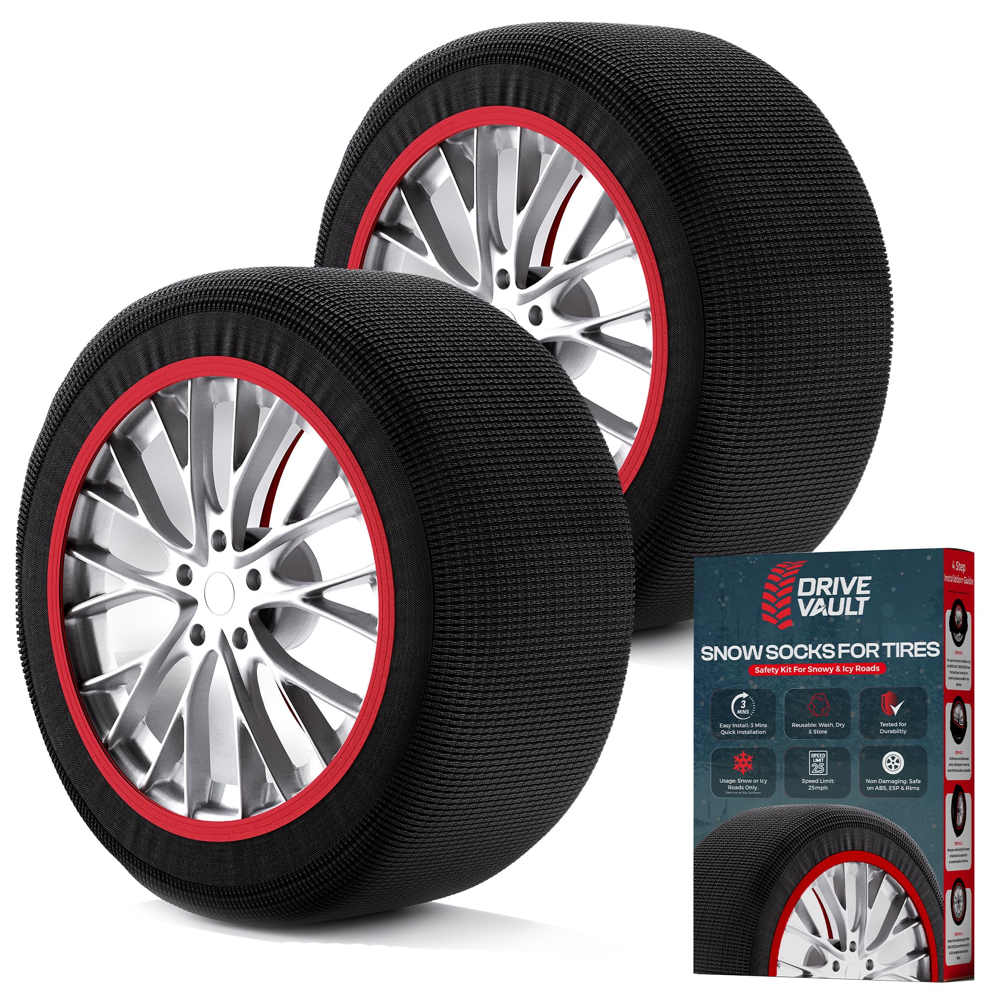 DRIVE VAULT Snow Socks for Tires | Alternative for Tire Snow Chains | Ultra Grip Series | Reusable Snow Traction Device for Passenger Cars SUVs Trucks Winter Emergency Accessory | Safe Winter Driving