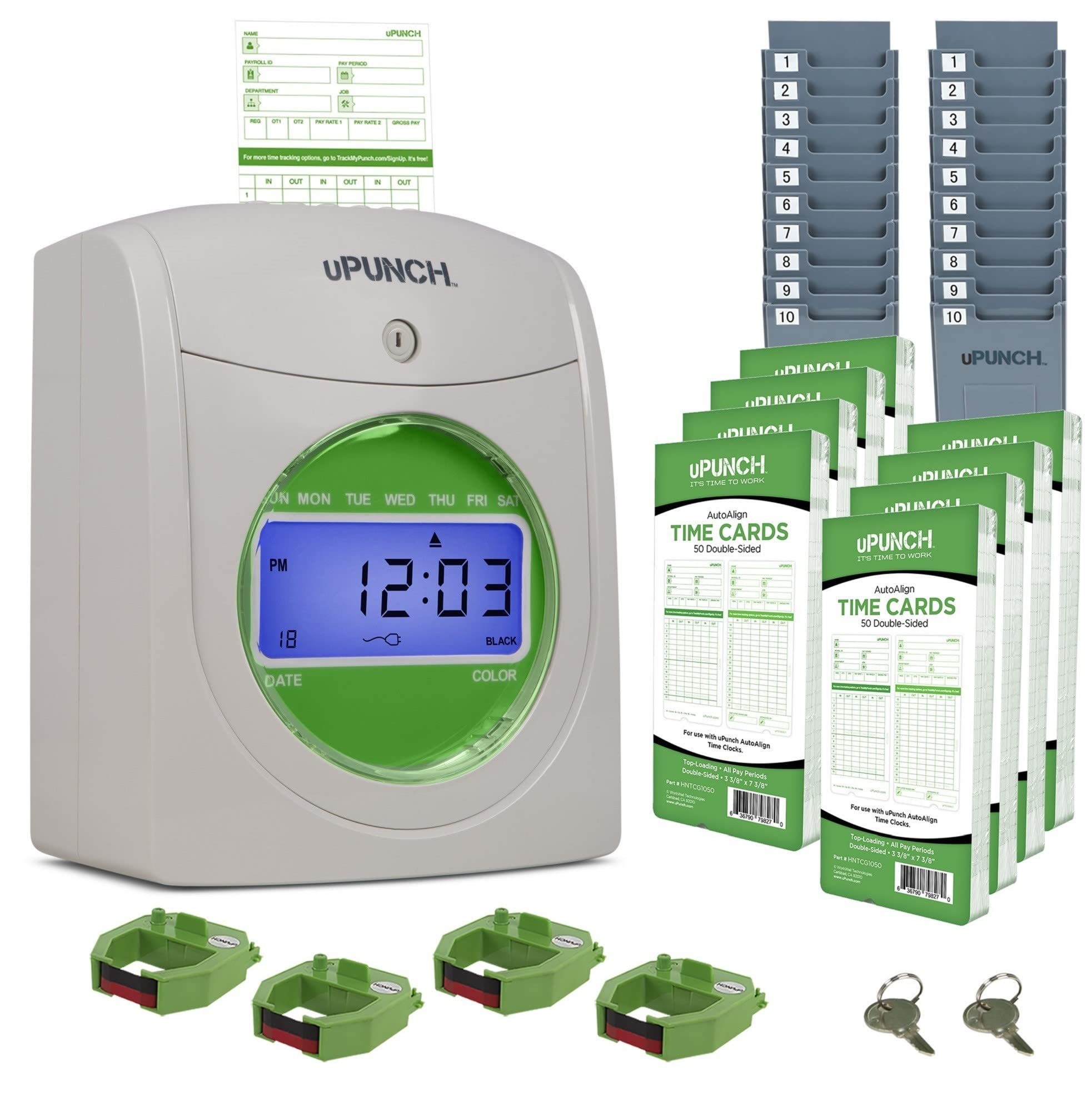uPunch HN3540 Complete Small Business Start-Up Kit: AutoAlign Time Clock System with 400 Time Cards, 4 Ribbons, and 2 Racks