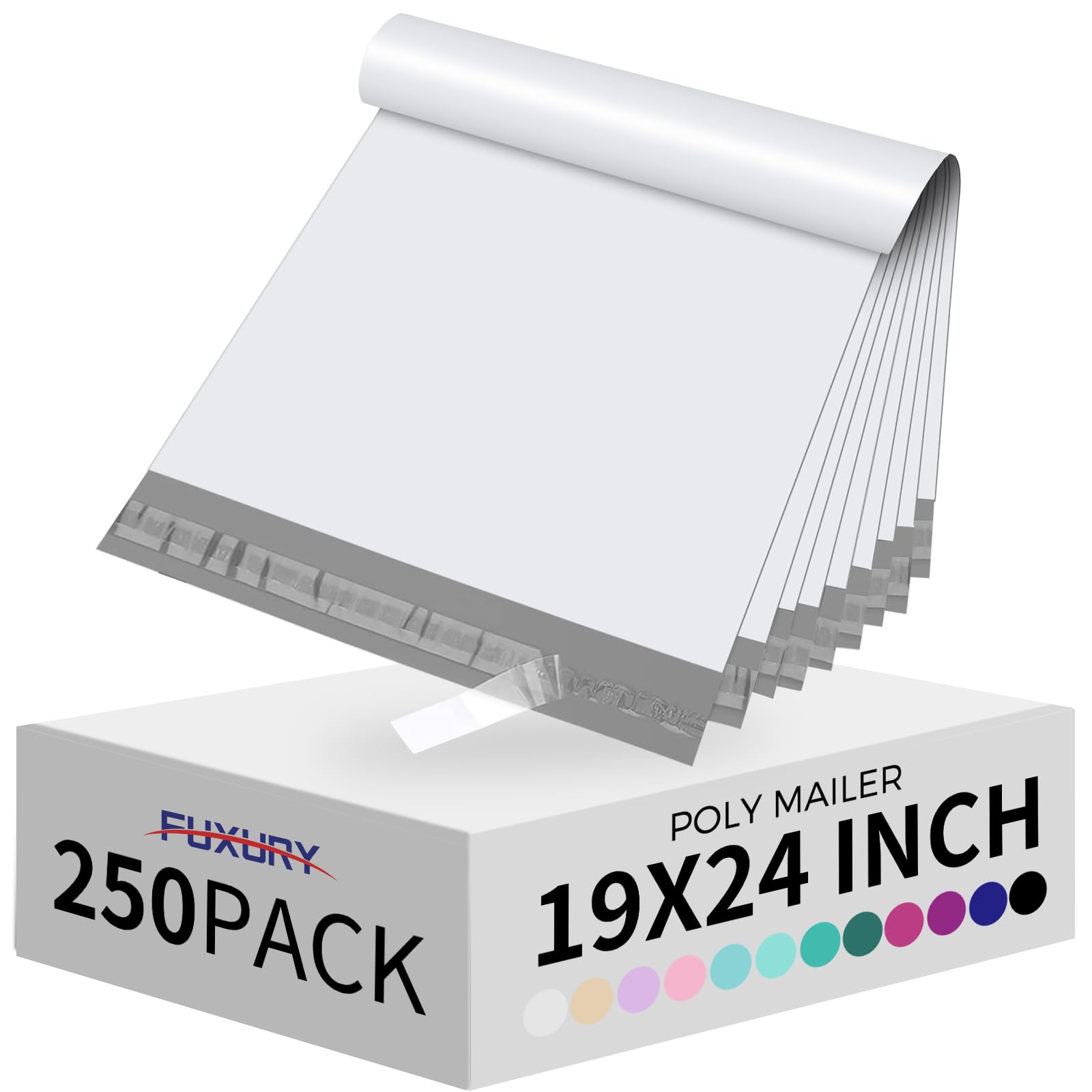 Fuxury Poly Mailers 19x24Inch 250Pcs,Waterproof Shipping Bags for Clothing,Strong Adhesive Shipping Envelopes for Small Business,Self Seal Heavy Duty Poly Mailer Bags,Flexible Mailing Bags White