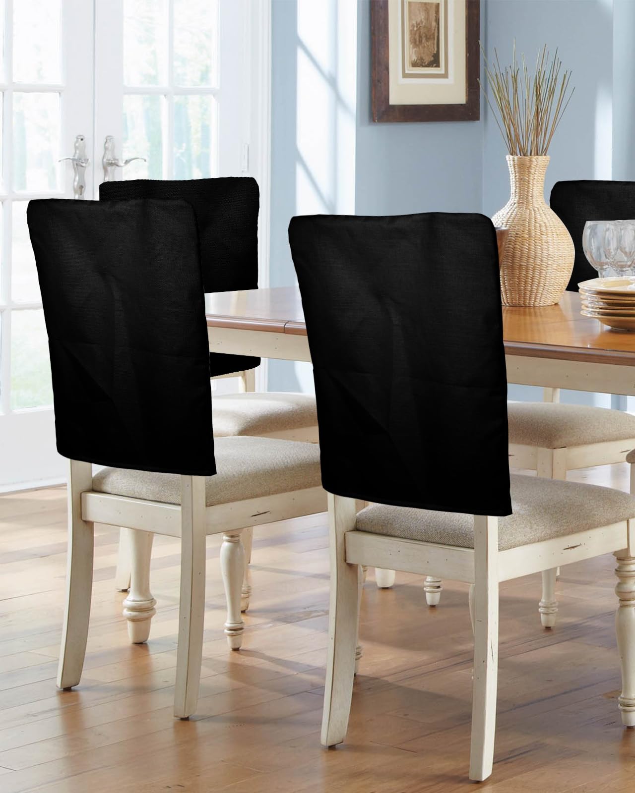 Anzona Chair Back Covers for Dining Room, Black Linen Polyester Back Chair Protector, 20 x 19 Inches Pure Black 8 Pcs Scratchproof Chair Back Cover for Party