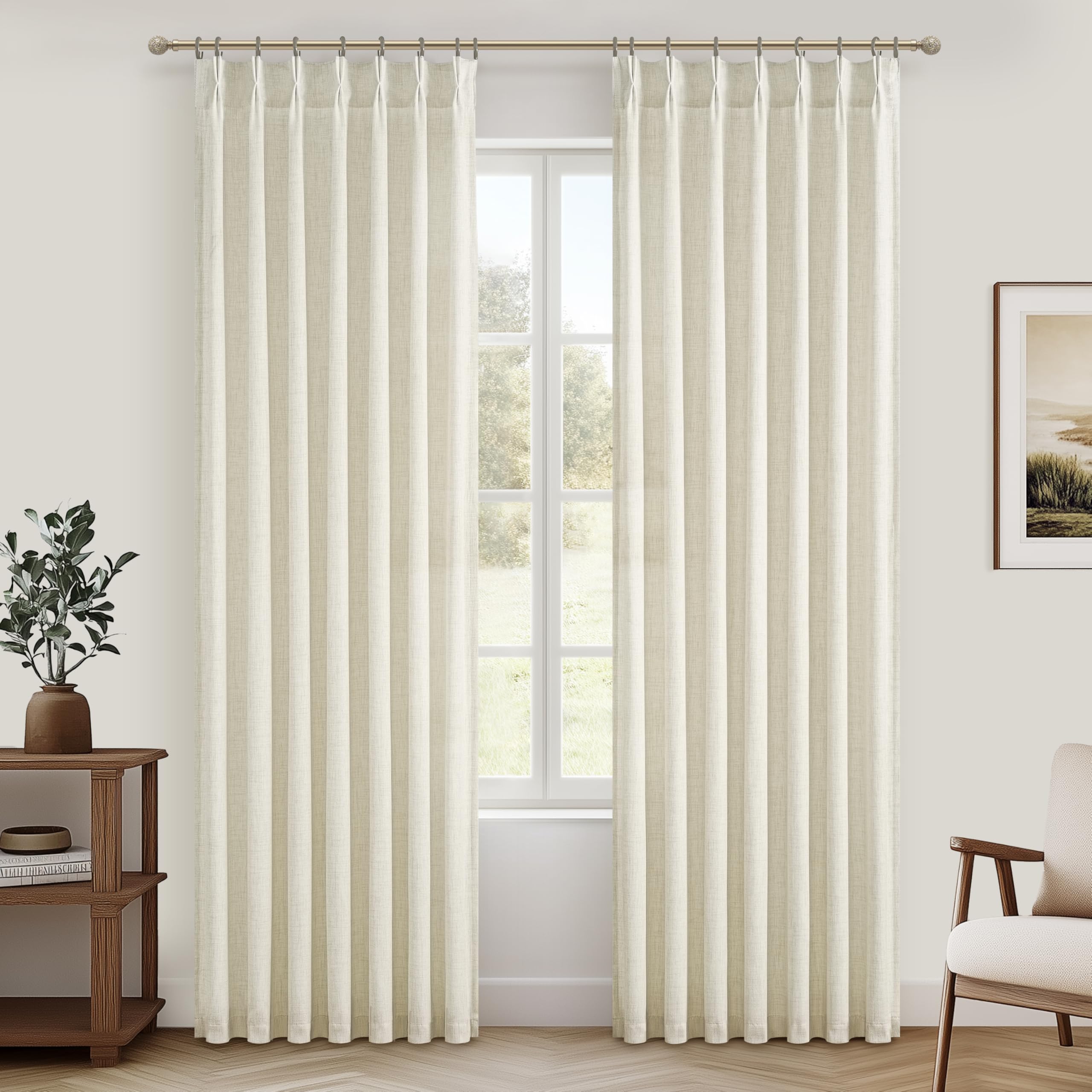 Cream Beige Linen Sheer Curtains 90 Inches Long for Dining Room Pinch Pleated Light Filtering Nursery Curtain with Back Tab Ceiling Track Thick Privacy Drapes for 40 x 90 Inch Windows