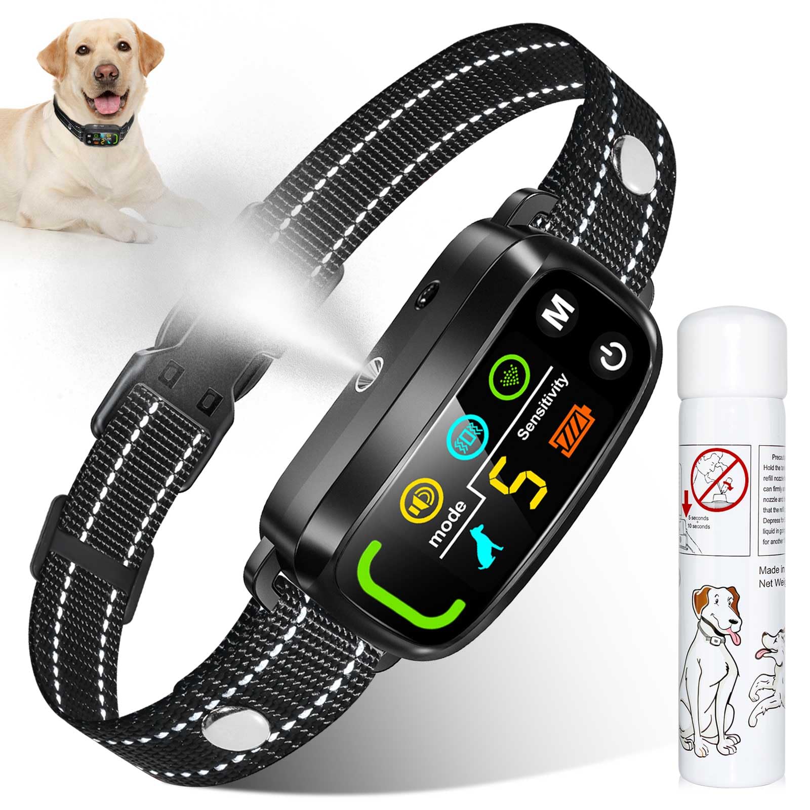 Citronella Bark Collar [1* Spray Refill] Anti Barking Training Collar, Citronella Dog with 5 Adjustable Sensitivity Beep/Vibration/Spray for L/M/S Dog Training