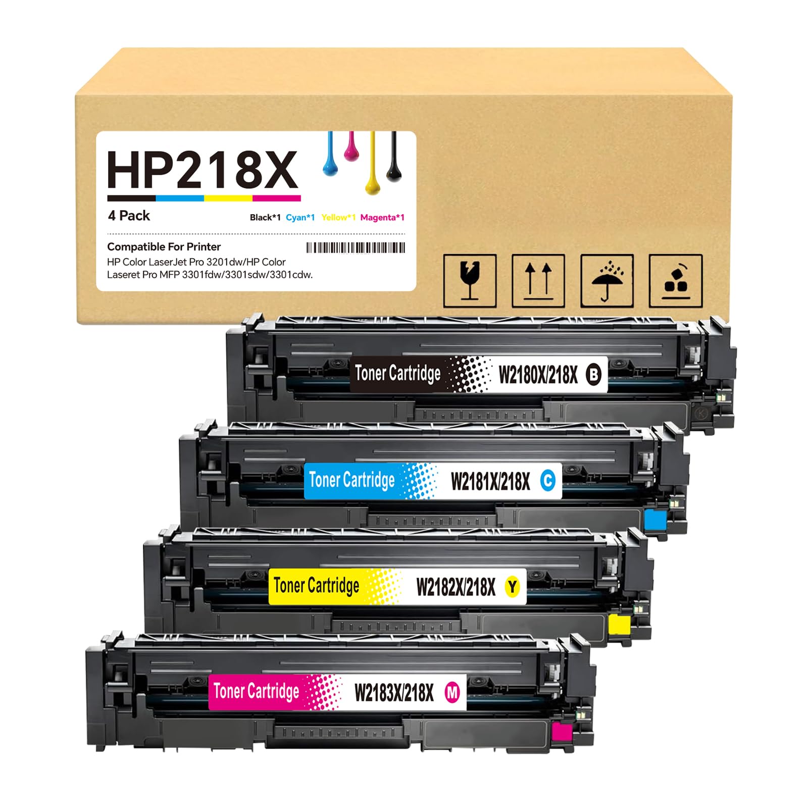 218X High Yield Toner Cartridge (No Chip) Replacement for HP 218X/218A to Compatible with HP Color Laser Jet Pro 3201dw MFP 3301cdw MFP 3301fdw MFP 3301sdw (4 BK/Y/C/M) W2180/2181/2182/2183X (No Chip)