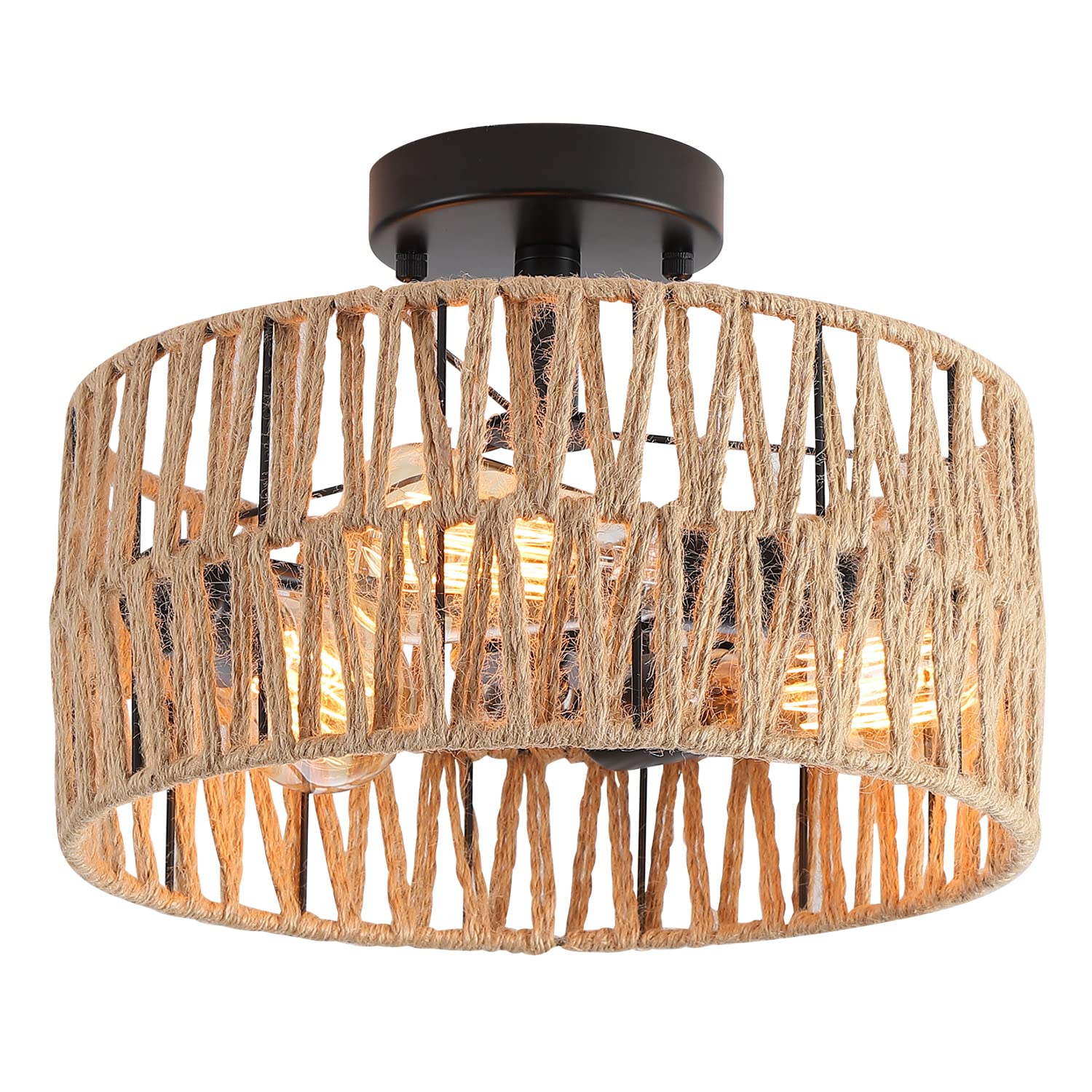 Hchunqjor 3-Light Coastal Woven Flush Mount Light Fixture Boho Rustic Hemp Rope Drum Semi Flush Mount Ceiling Light for Hallway Bedroom Kitchen Entryway Farmhouse Living Room, Black