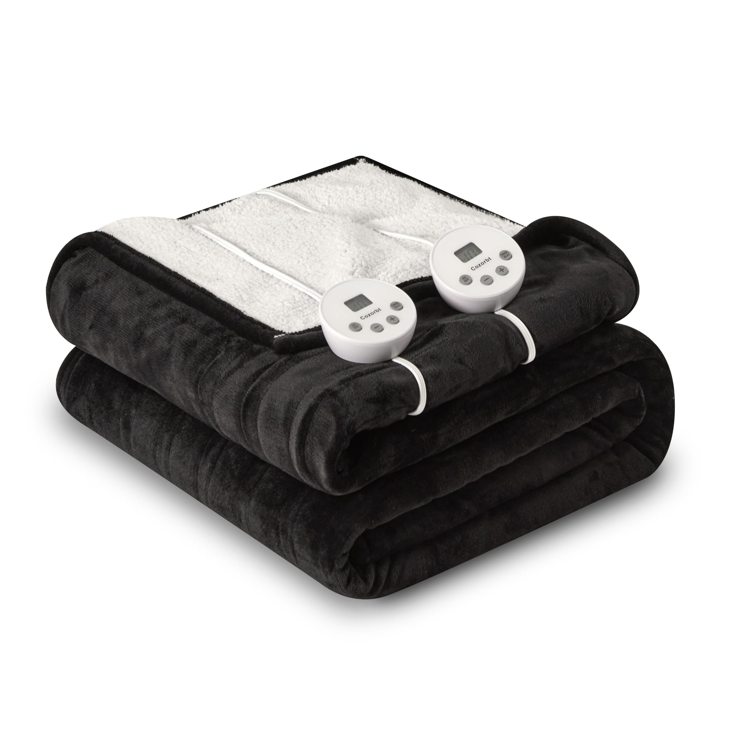 Cozorbt Heat Blanket 84”x90” Queen Size-Dual Control?Soft Flannel & Sherpa Reversible Electric Blanket with 10 Heat Settings,12 Timer Setting and 8 Hours Auto-Off,ETL Certified Machine Washable,Black