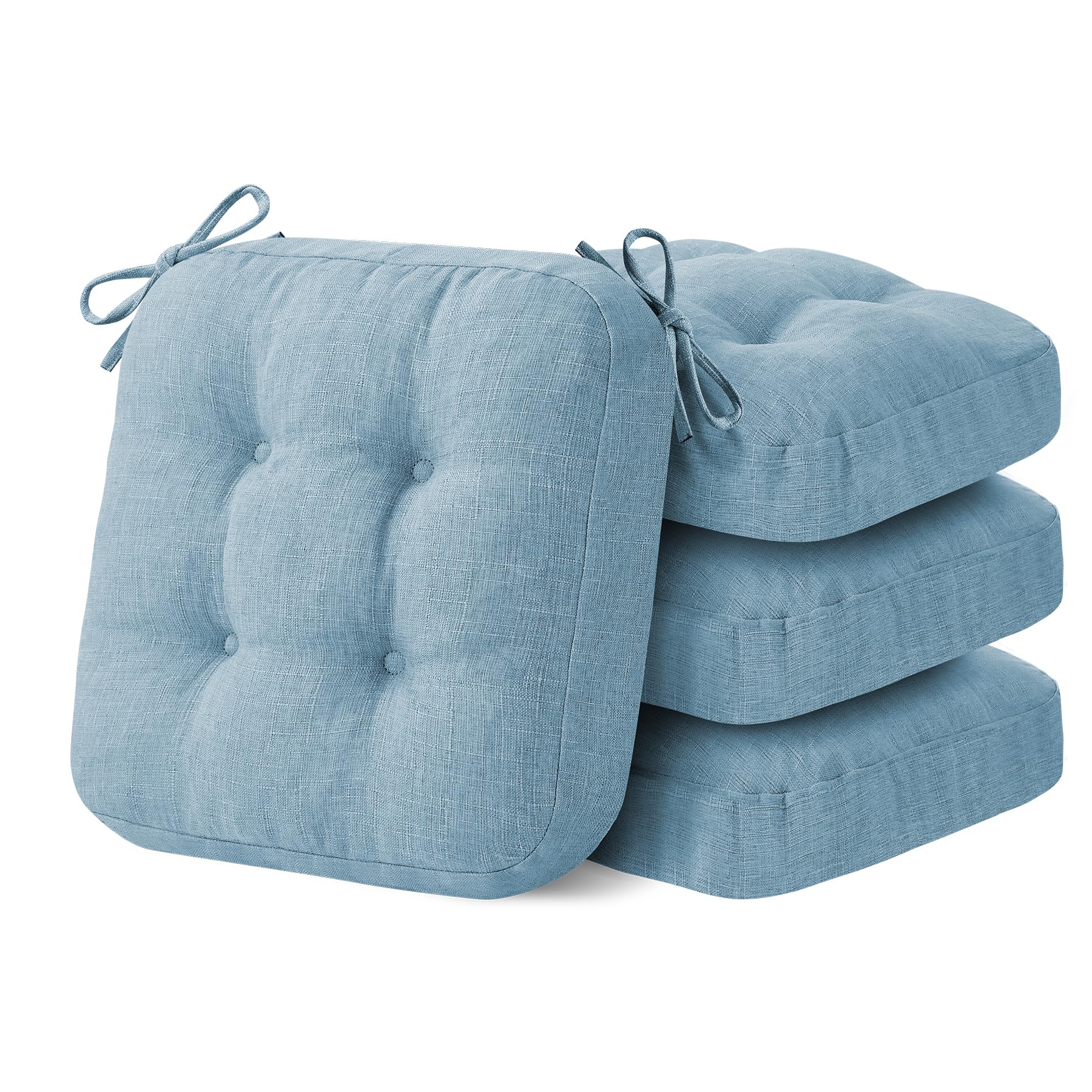IASEAHK Chair Cushions for Dining Chairs, Dining Chair Cushions, Tufted Indoor Chair Pads with Ties & Non Slip Backing, Seat Cushions for Kitchen Chairs 16.5” x 16.5” x 3.5”, Set of 4, Light Blue