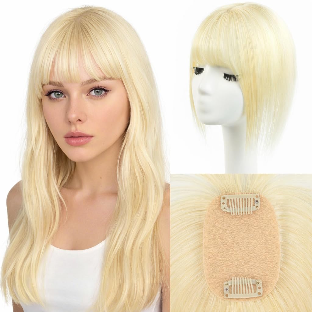 Human Hair Topper for Women, Clip in Short 12 Inch Highlight Black Hair Topper with Real Scalp, Small Lightweight Secure Hold Topper for Thinning Hair/Receding Hairline, Seamless Blend Daily Wear