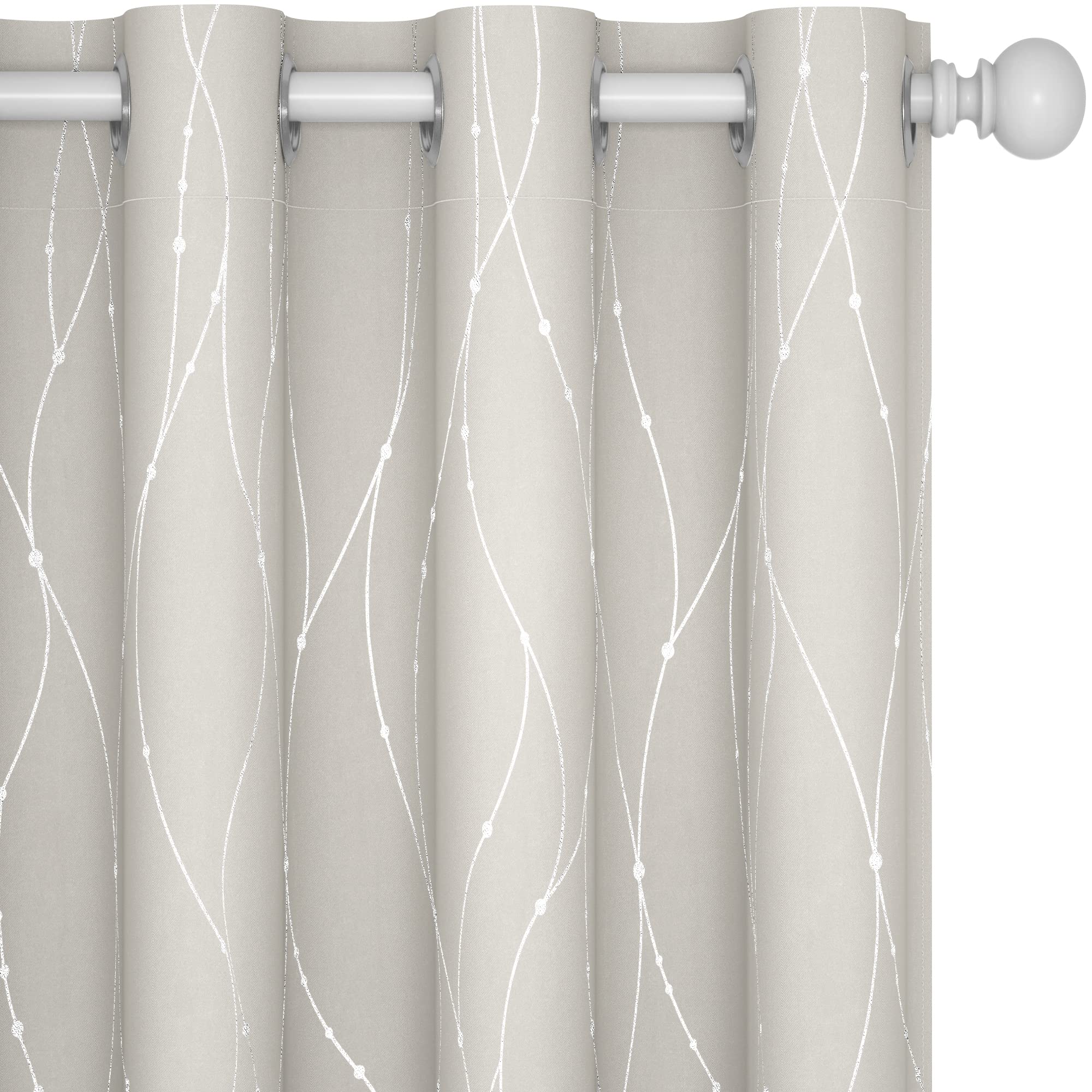 Deconovo Room Darkening Curtain, Beige Curtain, Thermal Insulated Noise Reducing Drapes, Silver Wave Dots Print, 52 x 108 Inch Long, Grommet Window Panels for Living Room Sliding Glass Door, Set of 2