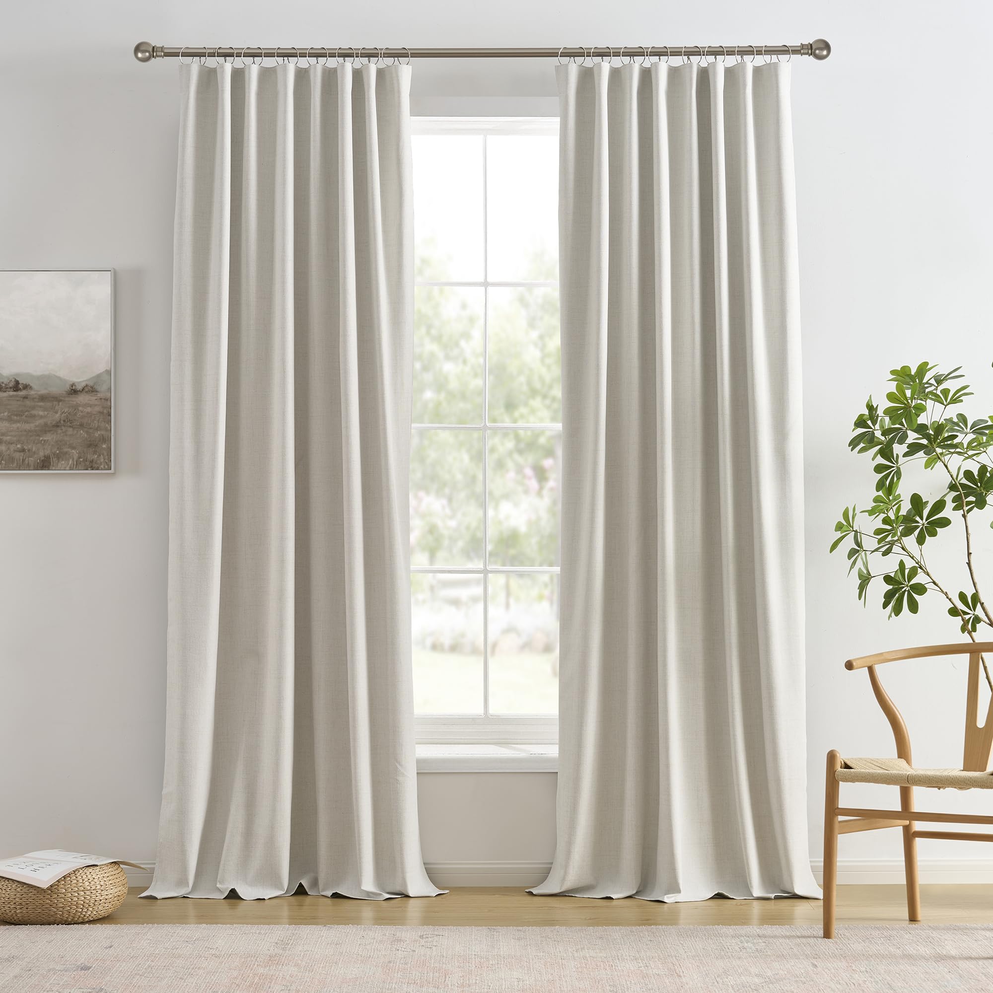 RAIN CITY 94 Inch Long Black Out Curtains 2 Panels Custom Drapery Neutral Blackout Pleated Ceiling Track Curtain for Dining Room Linen Textured Back Tab with Hooks 50"x94"