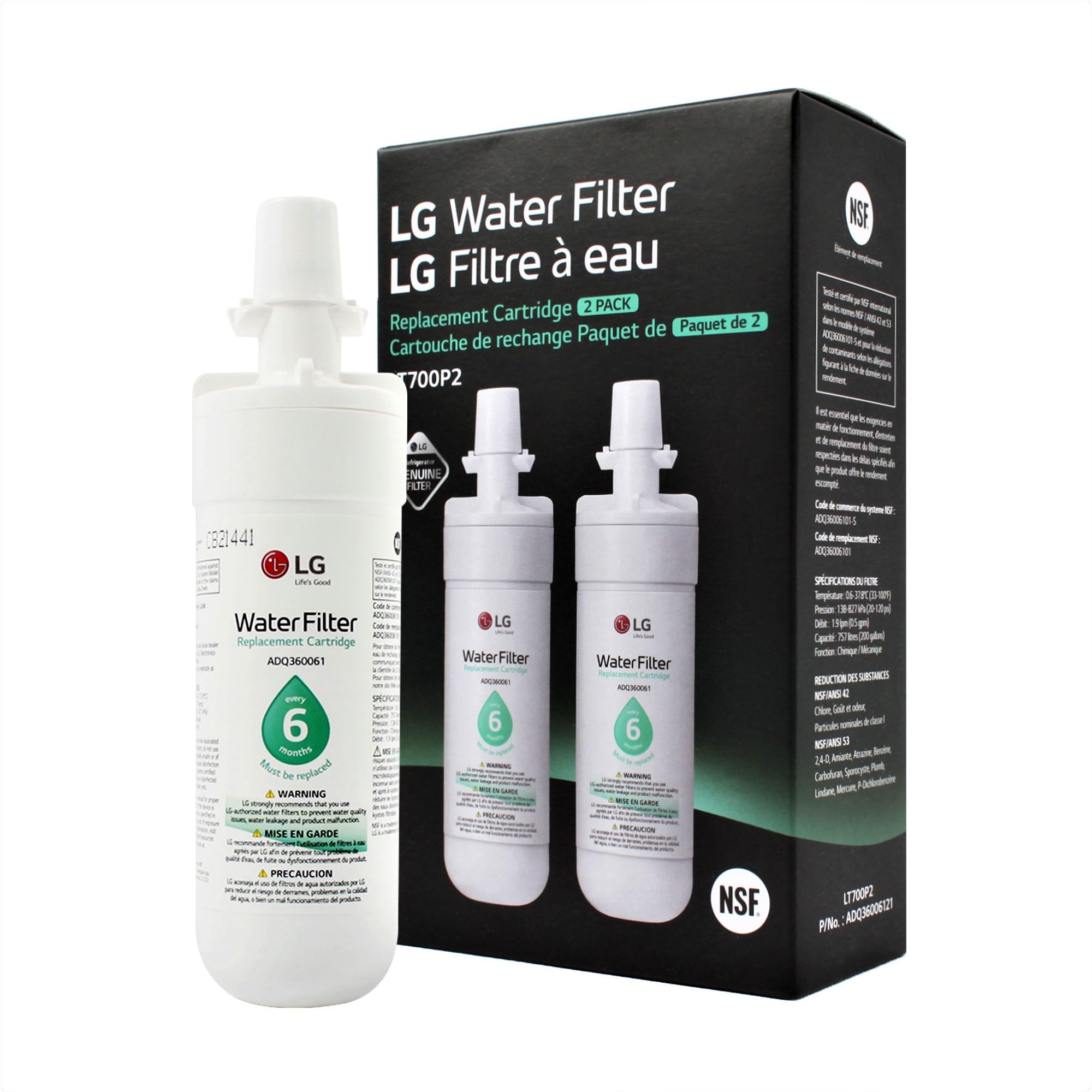 LG LT700P2 6-Month / 200 Gallon Refrigerator Replacement Water Filter, (Pack of 1), White