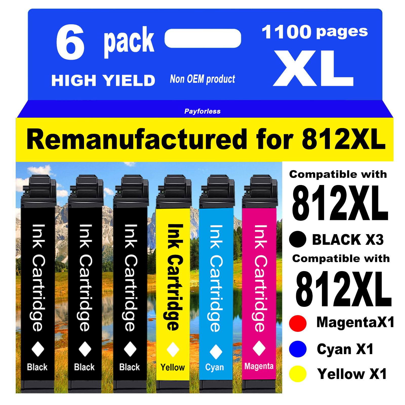 PayForLess for 812XL Remanufactured for Epson 812XL Ink cartridges Combo Pack 812 XL for Workforce Pro WF-7840 WF-7820 WF-7310 EC-C7000 Printer 3 Black 1 Cyan 1 Magenta 1 Yellow 6 Pack