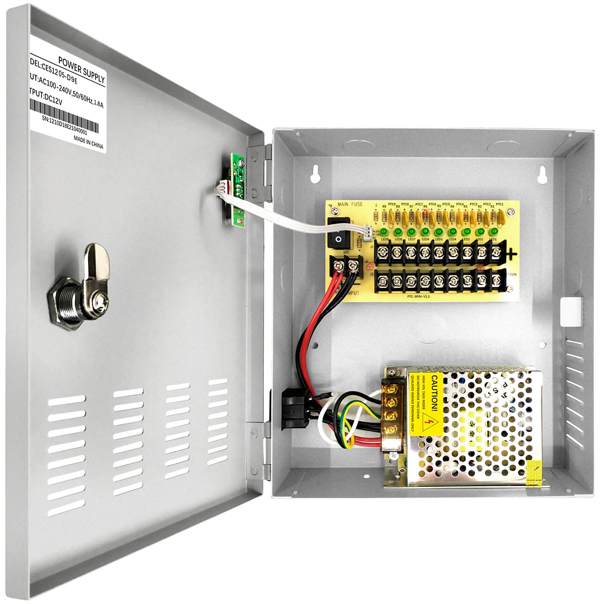 9 Channel 12 Volt DC Output 5A CCTV Distributed Power Supply Box for Security Camera with AC Plug and Lock for Security Cameras, DVRs, CCTV Power Supply (5A 9-Channel)