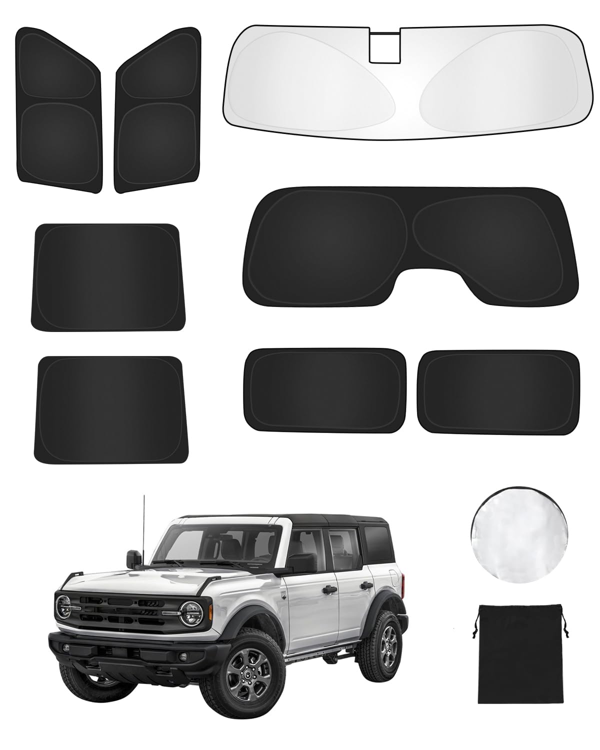 EVOOOR 8PCS Window Shade for Ford Bronco 2021-2024 2025 4 Door Accessories- Full Coverage Front Rear Side Triangular Windshield Sun Shade Cover Sun Visor Kit-UV Ray & Privacy Protection for Camping