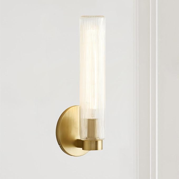 Radiant Fluted Glow Sconce,Fluted Glass Shade,Textural Touch,Sleek Metallic Finish,Suitable for Indoor and Outdoor Use,Bathroom Sconce,Bathroom Wall Lights,6" w x 4" d x 16" h