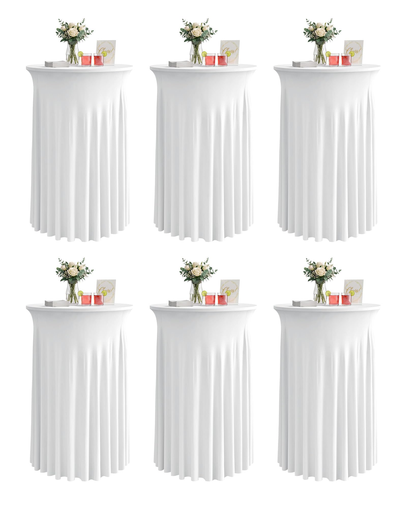 KeyWave Cocktail Table Tablecloth with Skirts - 32x43 Inch Wavy Spandex High Top Cocktail Table Covers, Ruffle Drape Highboy Tablecloth Reusable for Party Wedding Cake Standing Table, White, 6 Pack