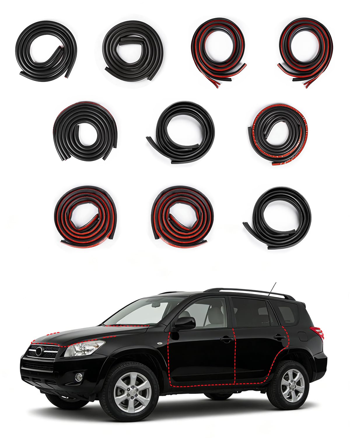 BIOOICHWeather Stripping Door Seal for Toyota RAV4 2020-2025, Rubber Seal Weather Strip Kit, Soundproof Noise Insulation Dustproof for Front/Rear Trunk A-Pillar B-Pillar Front/Rear Door (10-Pack)