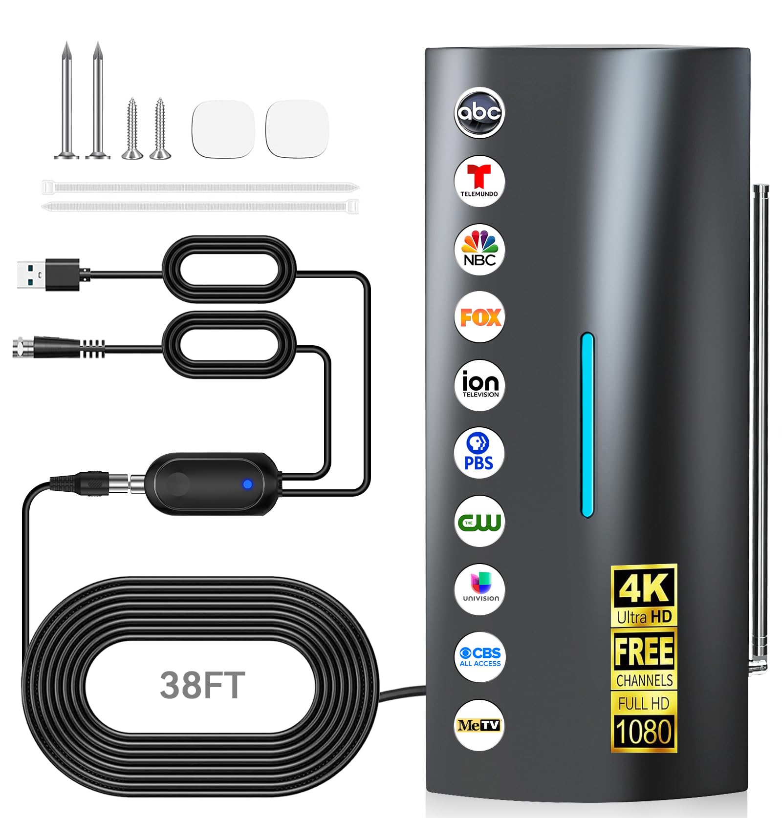 3600+ Miles Range TV Antenna, 2026 Upgraded Digital Antenna for Smart TV Indoor, Long Range Outdoor HDTV Antenna for Local Channels with Amplifier Signal Booster-Supports 8K/4K/1080P-38FT Coax Cable