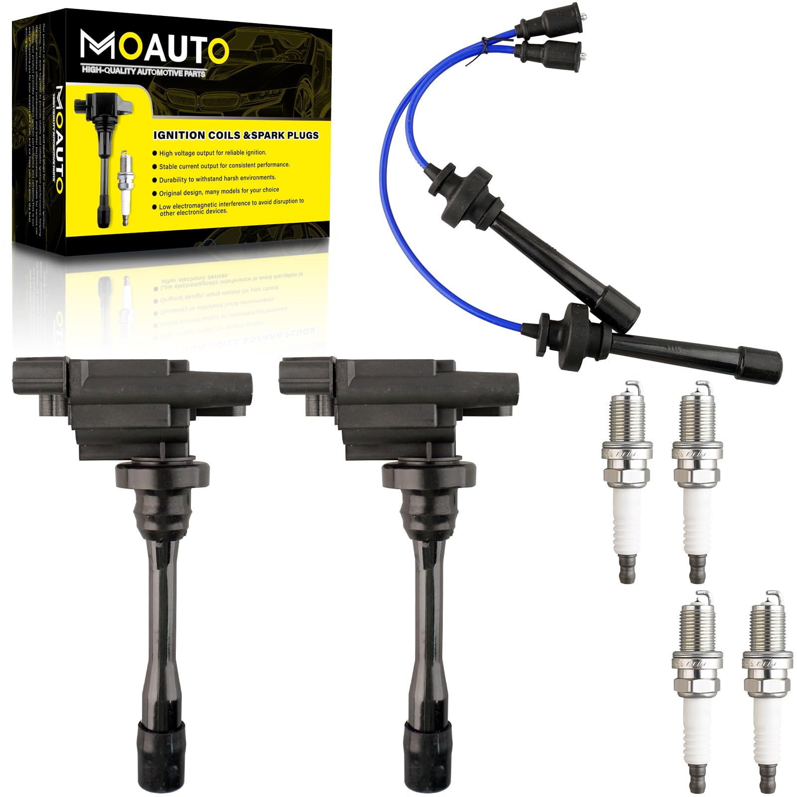 MOAUTO Set of 2 Ignition Coils Pack UF295 MD362907 & 4 PCS Iridium Spark Plugs with Wire Set Compatible with Chrysler Sebring Dodge Stratus Mitsubishi Eclipse Galant Lancer Mirage Outlander - L4