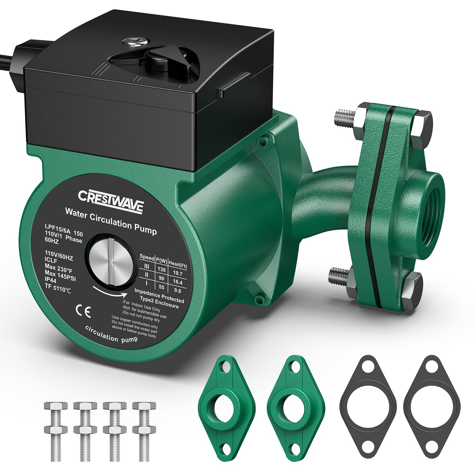 CRESTWAVE Hot Water Recirculating Pump 110V, 130W 13GPM Circulation Pump, 3-Speed Recirculating Pump for Water Heater–Instant Hot Water | 230°F for Solar, Boiler | Easy DIY w/ 3/4" FNPT Flanges & Kit