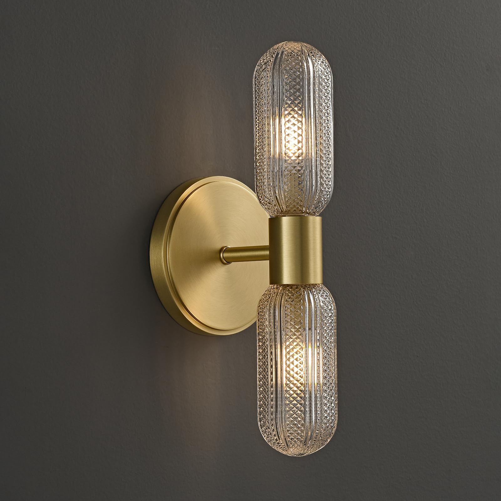 fansimone Brushed Brass Wall Sconces,12.3in Bathroom Knurled Double Glass Sconces Wall Lighting,2-Light Vanity Light Gold Sconce,Wall Lights for Living Room Bedroom Hallway Bathroom Mirror,Entrance