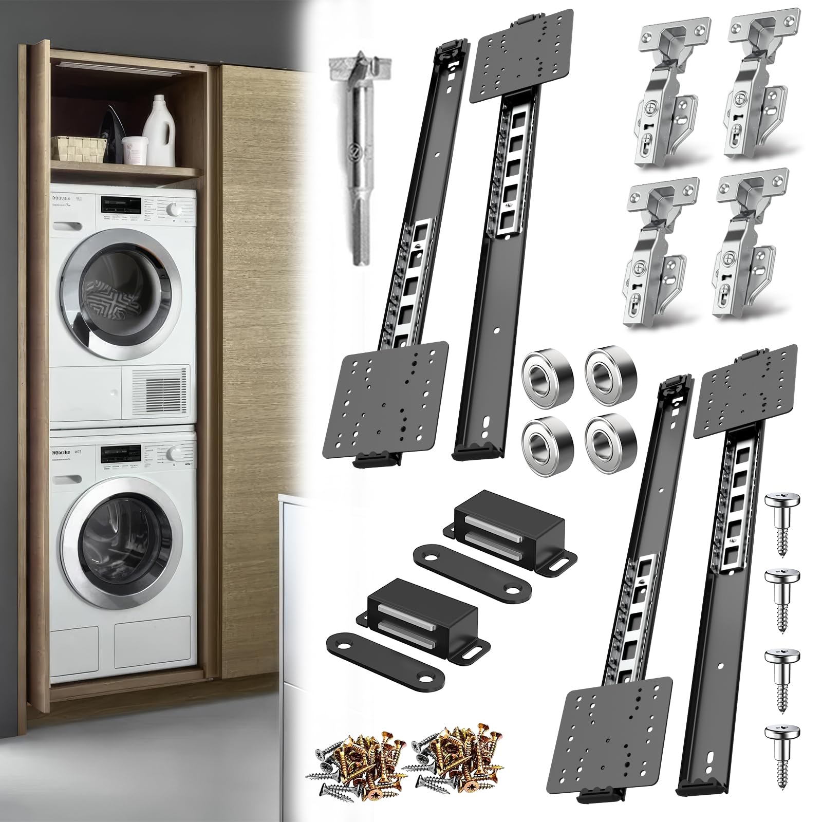 Pocket Door Slide 18inch, 4 PCS Pocket Door Hardware with Soft Close, Pocket Door Track System with Magnetic Catch, Space Saving Hidden Door Slides for Inset and Cabinet Door