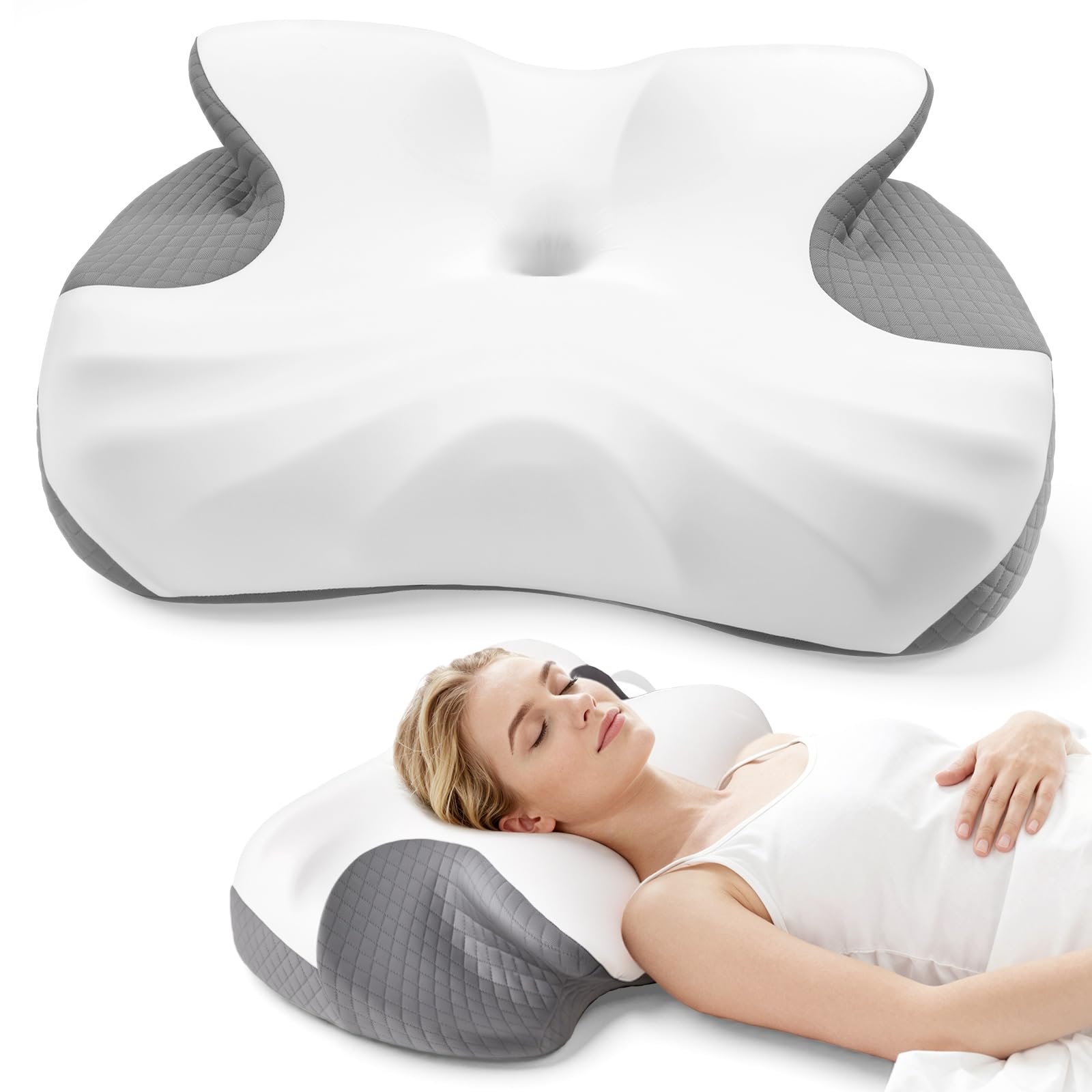 JKNJKN Cervical Pillow Memory Foam Orthopedic Contour Pillow for Neck Pain Relief, Dual Height Ergonomic Neck Support Pillow for Side, Back, and Stomach Sleepers with Washable Breathable