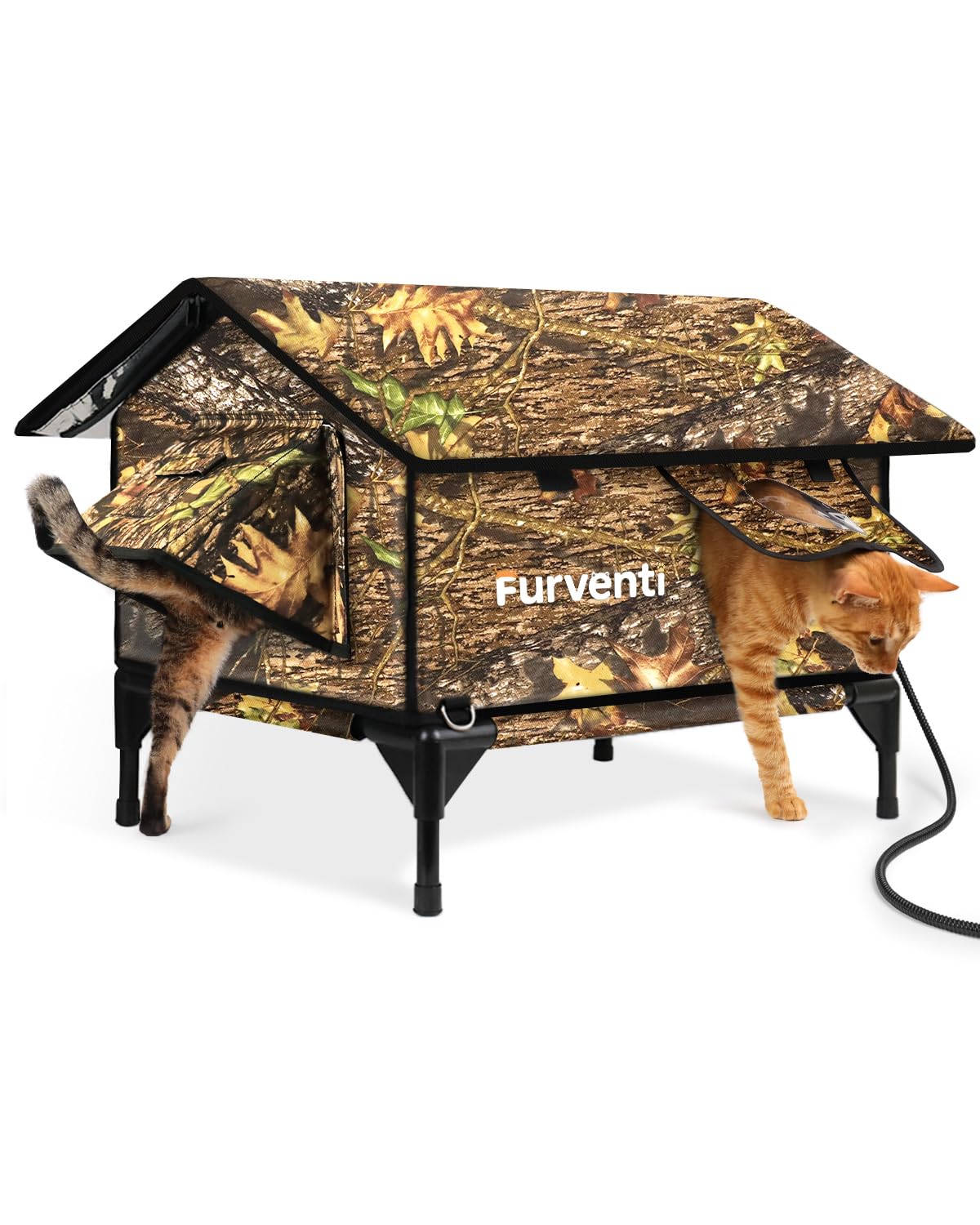 Heated Cat House for Outside,Extremely Weatherproof&Insulated in Winter,Elevated Outdoor Cat Shelter with Waterproof Eaves&Escape Door for Feral Stray Barn Cats(Leaves,L)