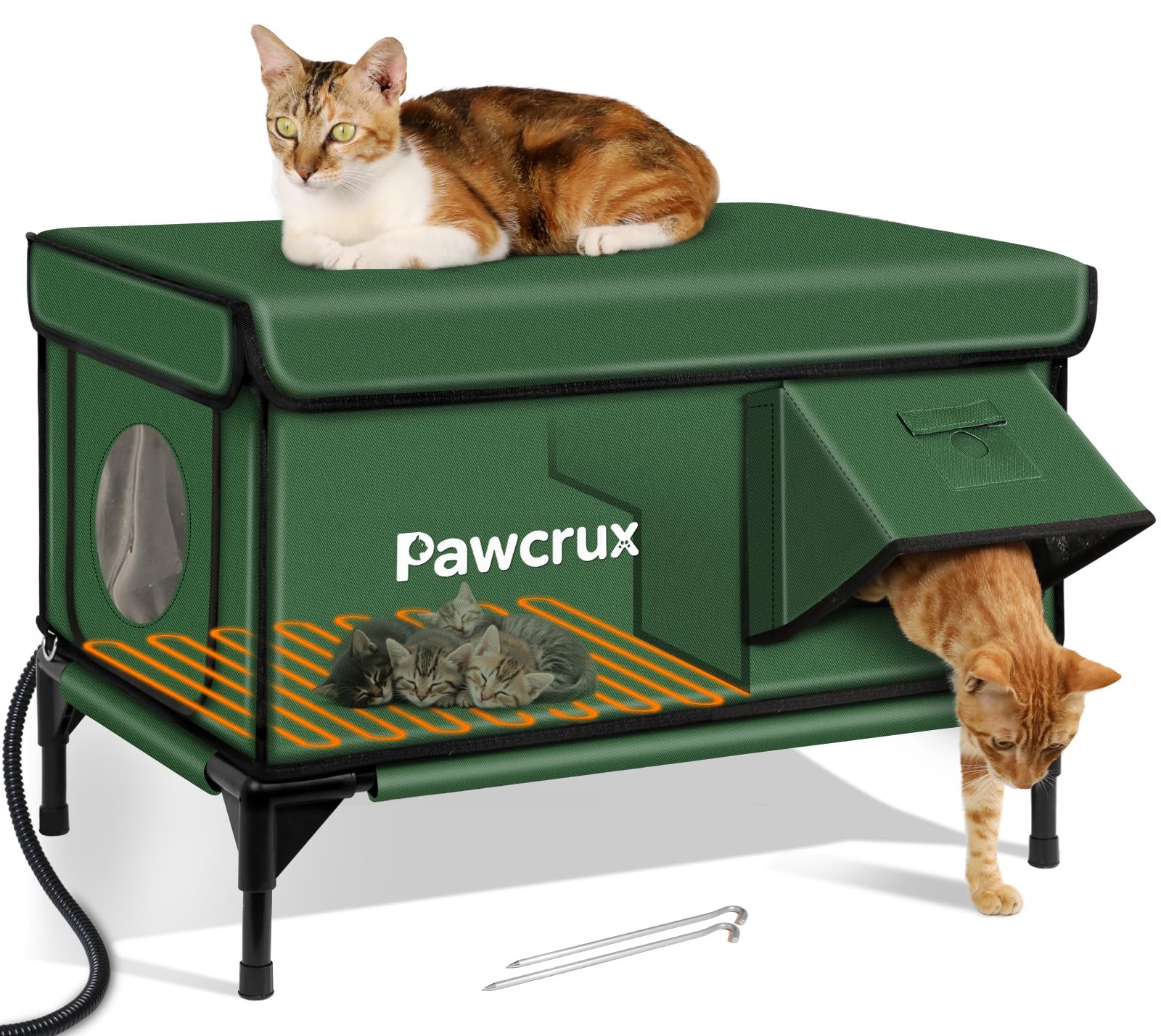 Weatherproof Heated Cat House for Outdoor in Winter, Heated Cat Bed Kitty Shelter with Cat Heating Pad, Insulated & Safe Escape Door, Warm House for Outside Stray Cat (Green, 17.7"x25.5"x17.9")
