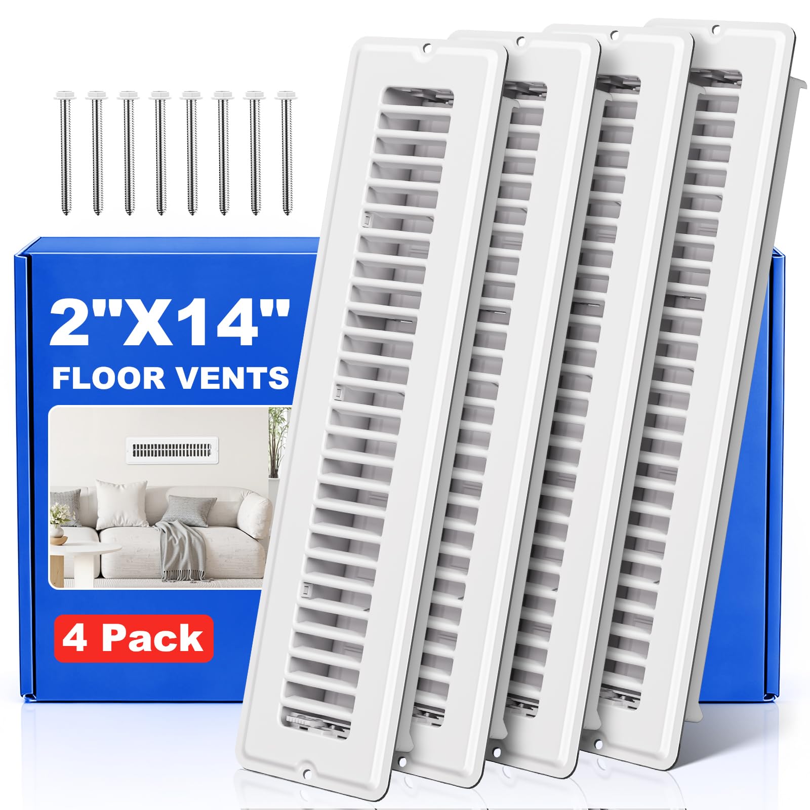 2x14 Floor Register, White Vent Covers for Home Floor & Wall, 4 Pack Floor Vents with 8 Pack Screws, Heavy Duty Walkable Metal Face & Air Supply Lever for Quiet Adjustable Return Air Vent Cover