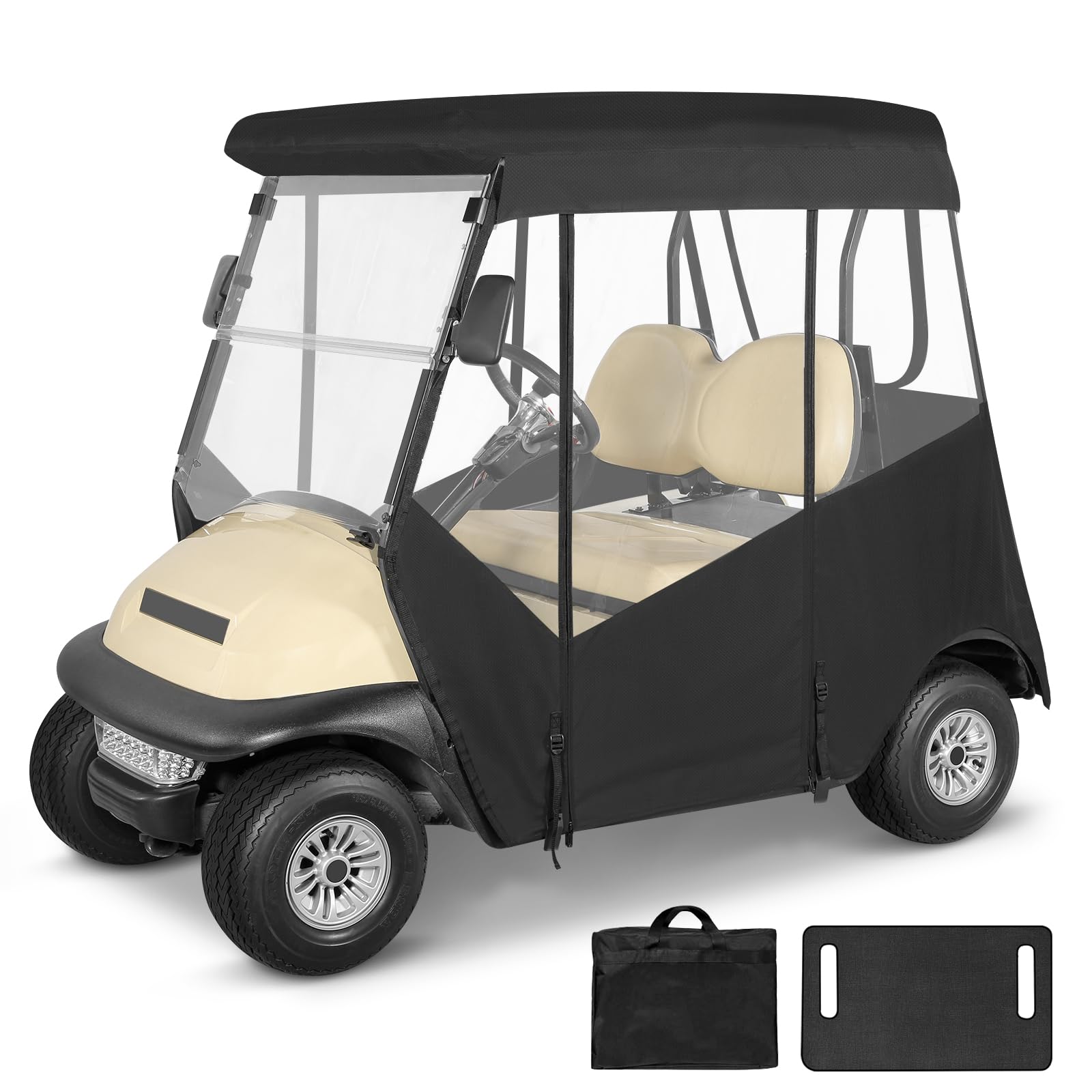 SANXIACAR Golf Cart Enclosure 2 Passenger for Club Car Precedent 2 Seater Open Front Windshield 3-Sided Clear Windows Waterproof Transparent Driving Rain Covers Roll-up Door Black (with Seat Blanket)