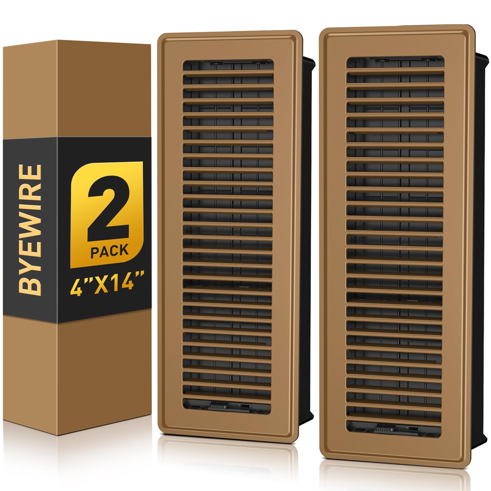 BYEWIRE Floor Register 4x14, Adjustable Floor Vent Covers for Home Floor, Wall, Heavy Duty Walkable Steel Floor Vents, Rust-Proof Register Vent Cover, 2 Pack Value Set, Brown