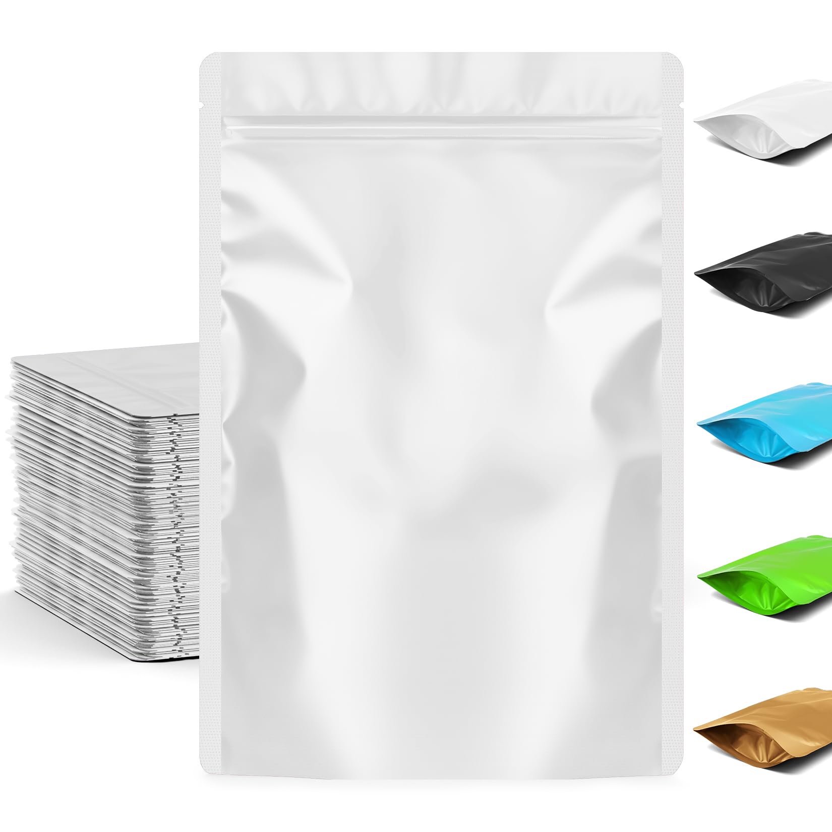 FUNFERY 4.7x7.9 inch Stand Up Mylar Resealable Bags for Food Storage,Smell Proof Foil Pouch,Food Packaging Sealable Bags,Mylar Zipper Bag for Jerky,Candy,Cereal,Coffee, Cards,White,50 Pack