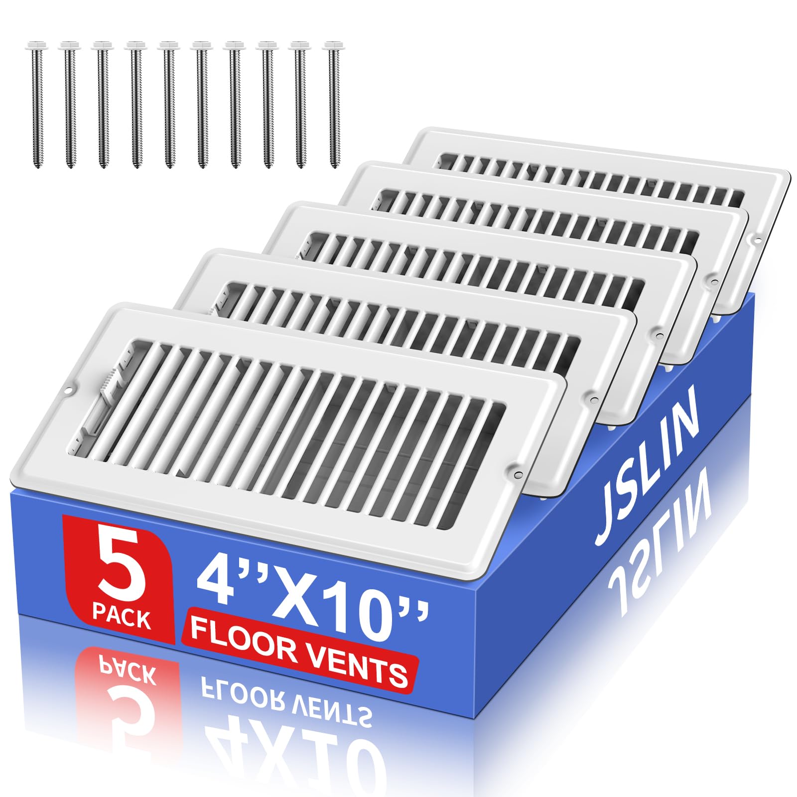 4x10 Floor Regsiter - 5 Pack Vent Covers for Home Floor Wall Ceiling - White with Screws for Easy Installation - Heavy Duty Steel Walkable Finish for Quiet Adjustable Airflow HVAC Register Grilles 4/5 are new, 1/5 is used.