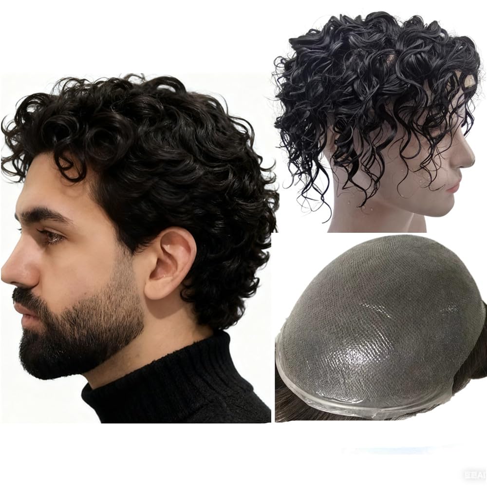Men's Toupee Human Hair Piece 10x8 Spanish Curly Wave Replacement System Jet Black - Spanish curly wave hair replacemnt system in 10x8" base size 6" length Vloop 0.04mm PU Thin skin hair prosthesis units patch for man #1 Jet black color