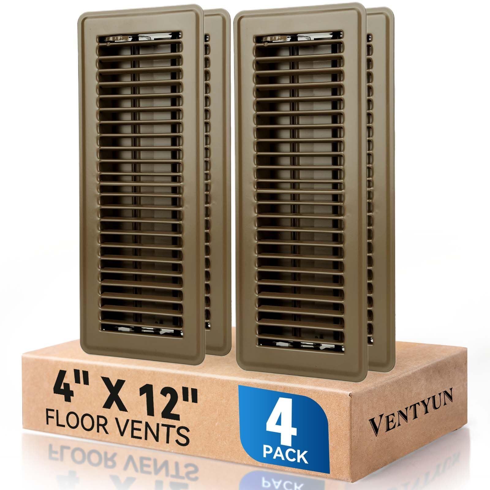 4" x 12" Floor Register Vent Covers 4-Pack, Walkable Powder-Coated Metal Vent Covers with Adjustable Airflow, Curved Safe Edges for Floor/Wall, Brown