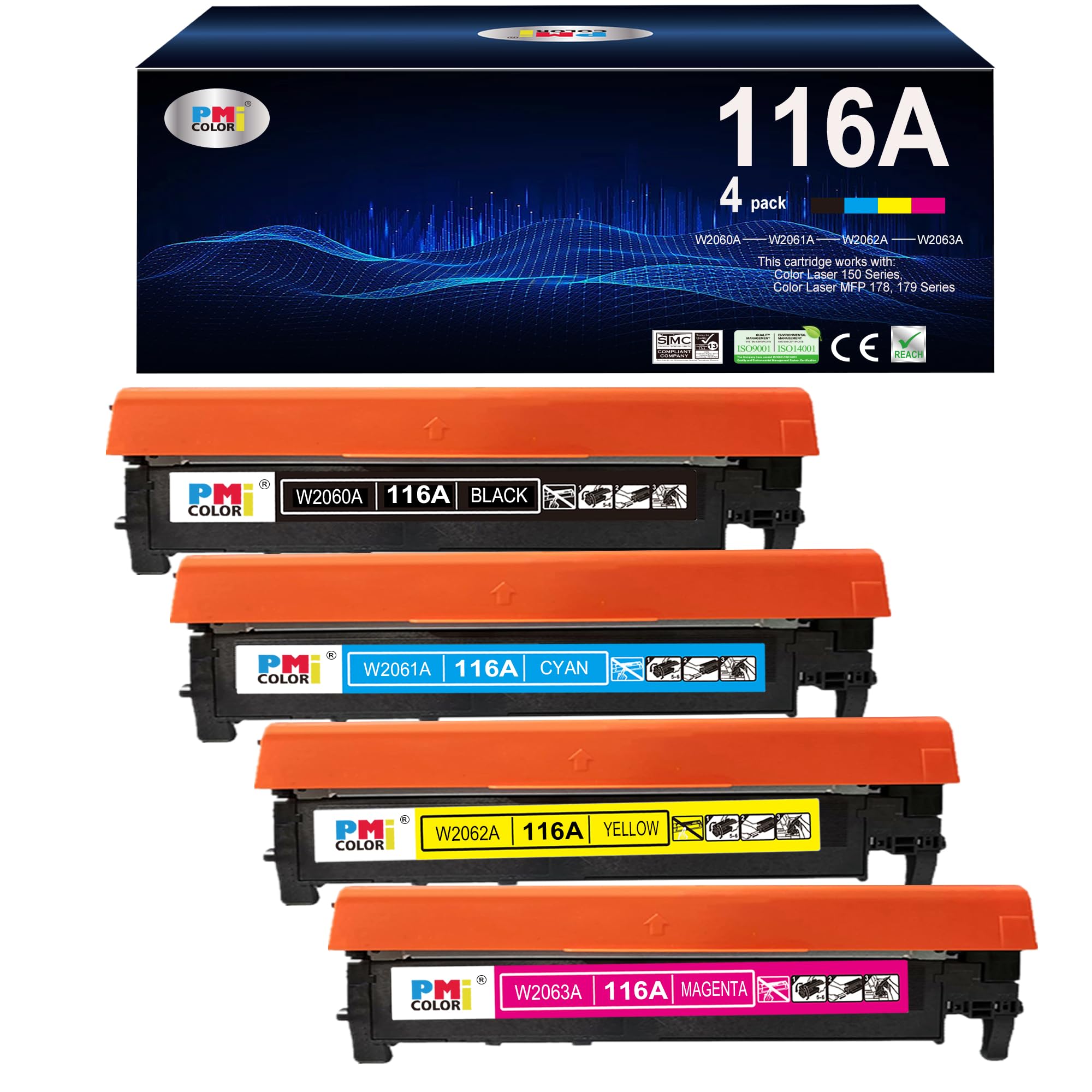 4 Pack Replacement for HP 116A Toner Cartridges for Color LaserJet Pro 150a 150nw 178nw 178nwg 179fnw 179fwg Printer Ink (Black,Cyan, Magenta, Yellow)