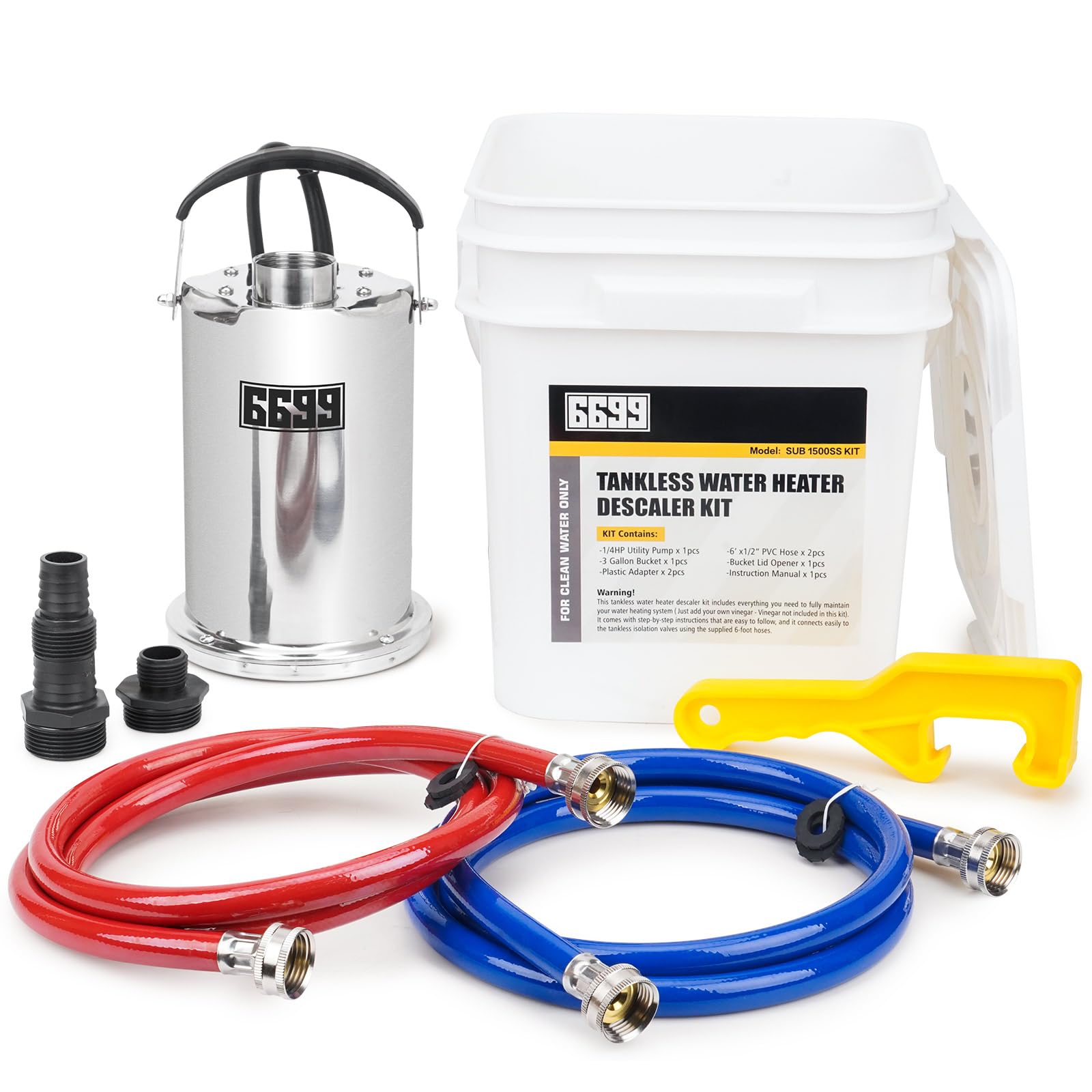 6699 Tankless Water Heater Flushing Kit Includes 1/4HP Submersible Stainless Steel Sump Pump with Two Adapters & 3 Gallons Pail with Bucket Lid Opener & Two 1/2” Dia X 6’ PVC Hoses with Washers