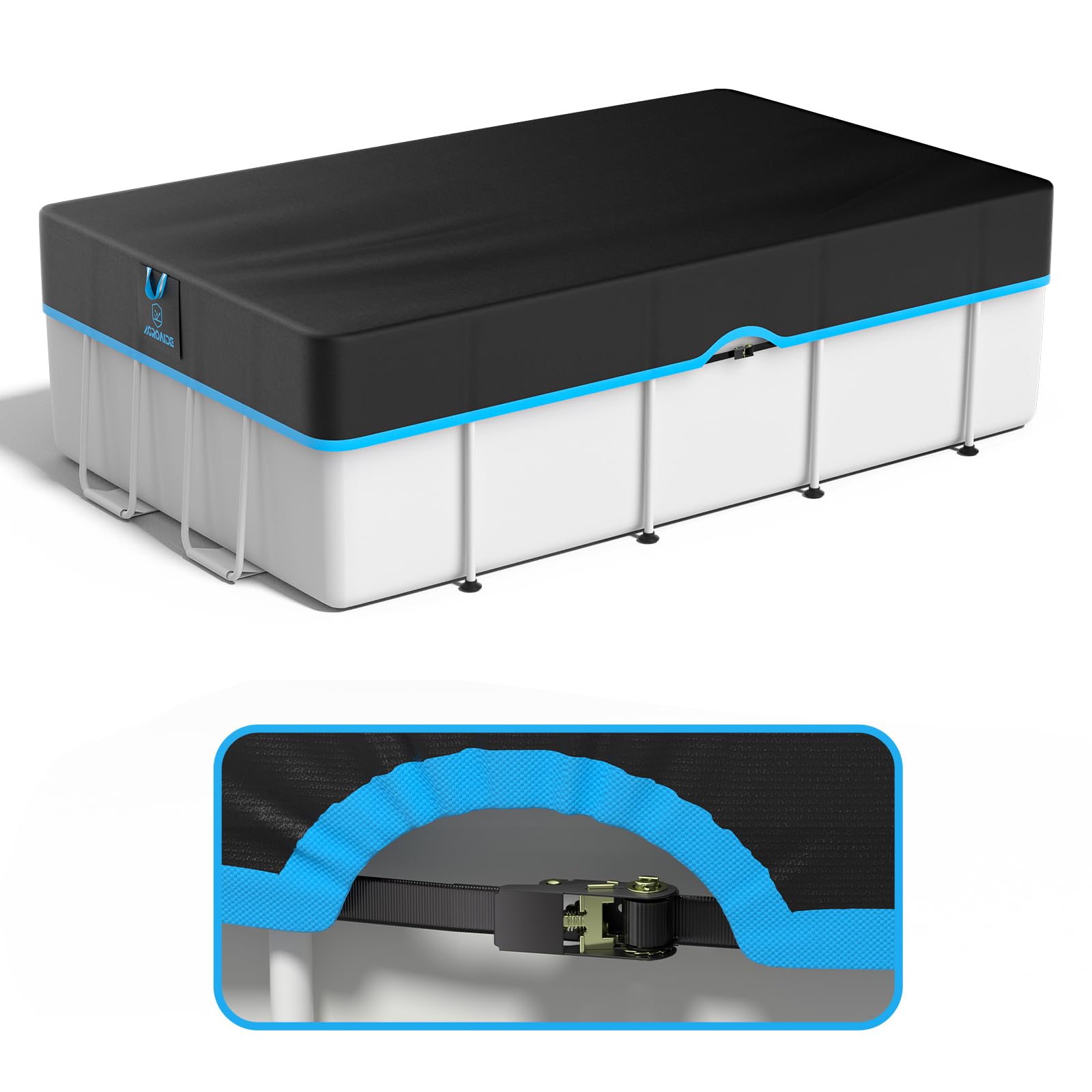 AGROAIDE 9x18 Ft Rectangle Pool Cover, Ultimate Windproof with Fast Tightening Ratchet & Sturdy Nylon Black Strap, 420D Oxford Fabric for All Season Use - Tear Resistant, UV & Dust Proof
