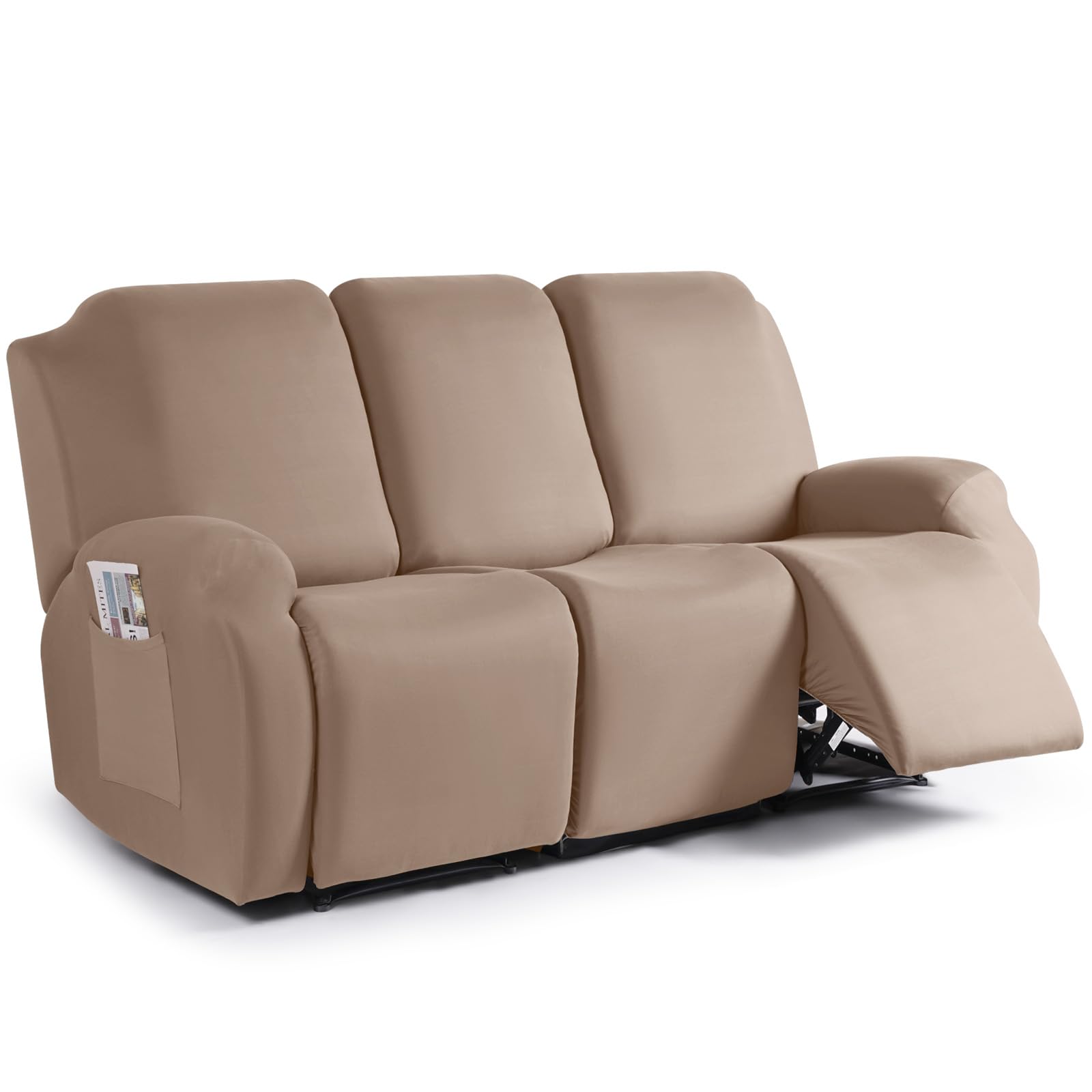 TAOCOCO Recliner Sofa Slipcover, 3 Pieces Polyester Fabric Stretch Sofa Covers for 3 Seat Reclining Couch, Soft Washable Furniture Protector with Pockets (3 Seat, Khaki)