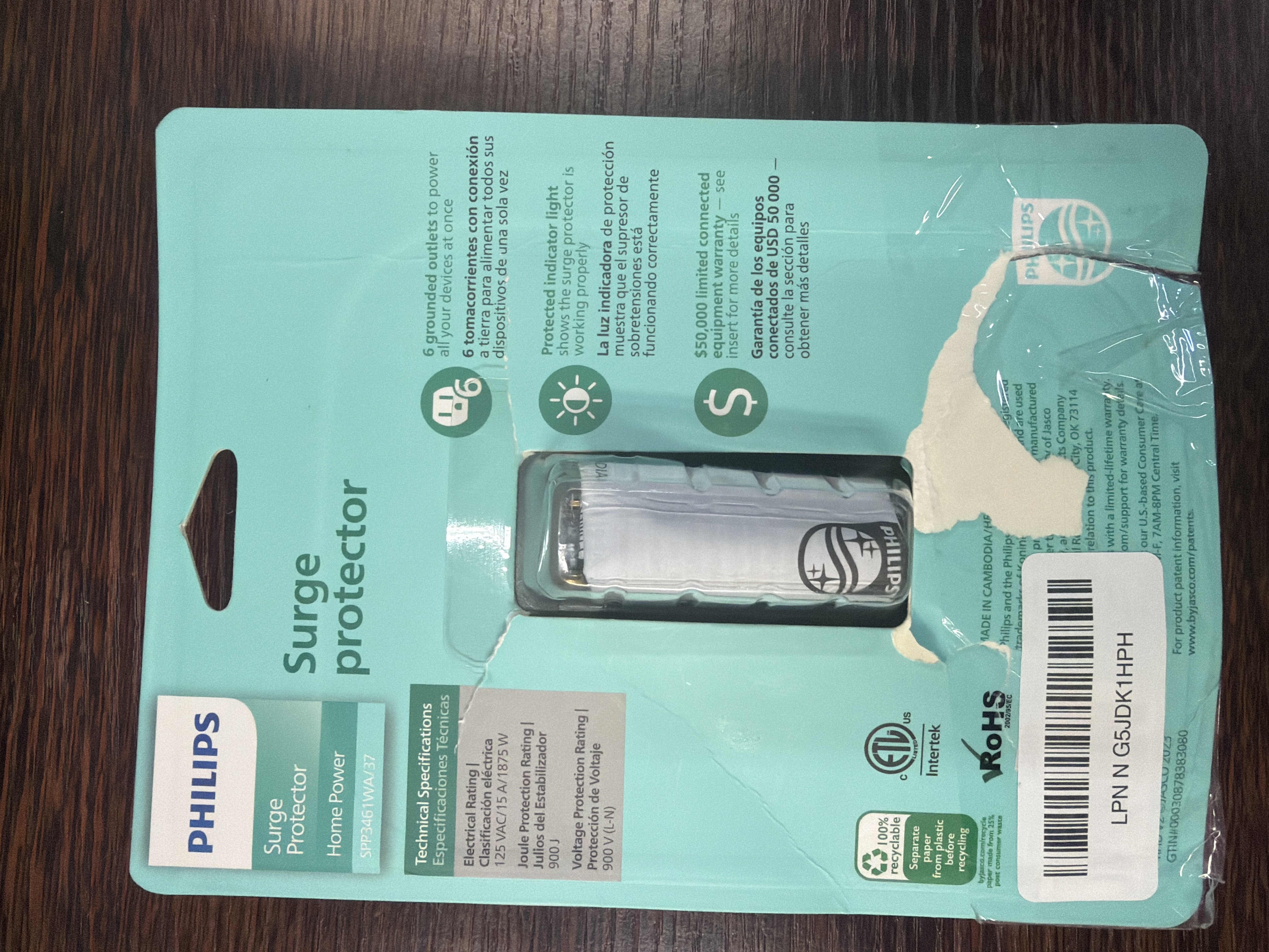 Philips 6-Outlet Extender Surge Protector, Wall Tap, 900 Joules, 3-Prong SPP3461WA/37 |