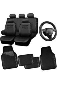 CAR PASS Universal Black Leather Lace Car Seat Covers Full Set