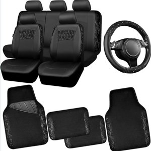 CAR PASS Universal Black Leather Lace Car Seat Covers Full Set