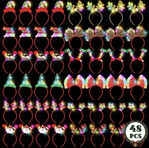 48 Pcs Christmas Light Up Headband, Reindeer Antler Santa Hat Christmas Tree Bow