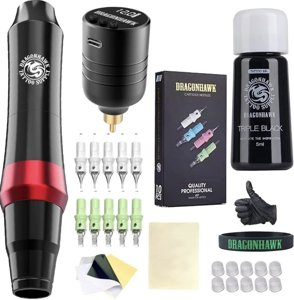 Dragonhawk S4 Wireless Tattoo Pen Kit, Tattoo Power Supply & Black Tattoo Ink