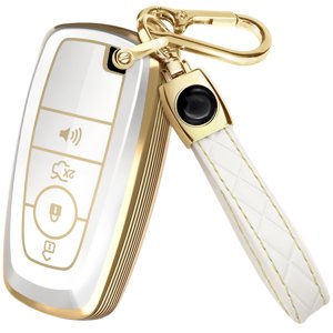 Lucrum Compatible with Ford Key Fob Cover & Leather Keychain, 4 Buttons Keyfob Case for Bronco Explorer Edge Escape Expedition Fusion Mustang (2018-2025) - White and Gold