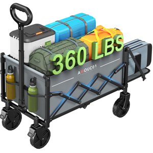 Small Wagon Cart Foldable, Collapsible Wagon with 360 LBS Max Load & Expandable Storage, 90L Foldable Grocery Cart with 2 Cup Holders for Outdoor, Garden, Camping &Groceries-Grey