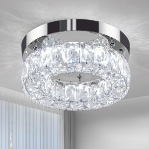 Brylokra 9.8 Inch Modern Crystal Chandelier Small Flush Mount Ceiling Light Fixture LED Crystal Ceiling Light for Bedroom Dining Living Room Hallway (6000K Cool White, Height Adjustable)