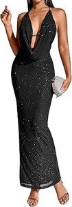 Women Sexy Sequin Bodycon Maxi Dress V Neck Split Back Formal Evening Cocktail Party Long Dresses Small* photo 2